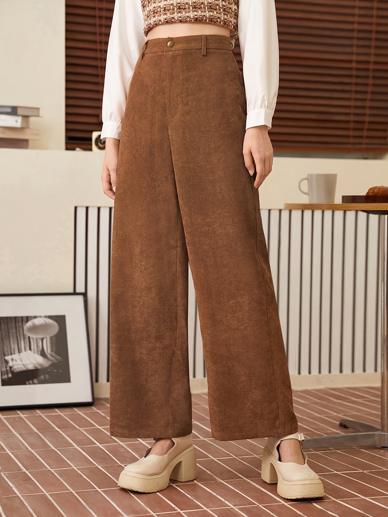 Pantalones Anchos Texturizados Sólidos Elegantes Pantalones - Temu