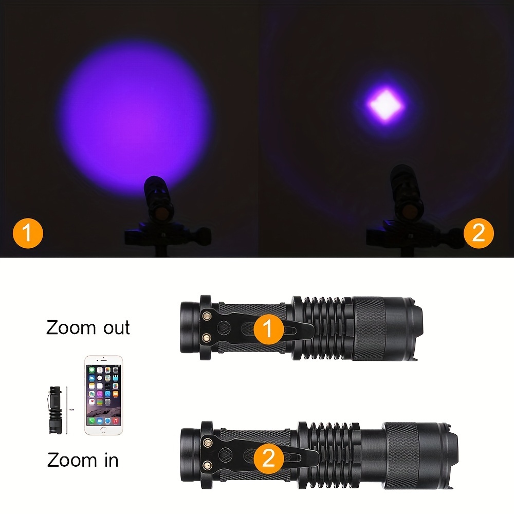 Lampe de poche LED Lampe de poche Violette Torche Ultra Violet Lumière UV  365 & 395 Détection d'agent fluorescent Mini lumière UV avec fonction de  zoom