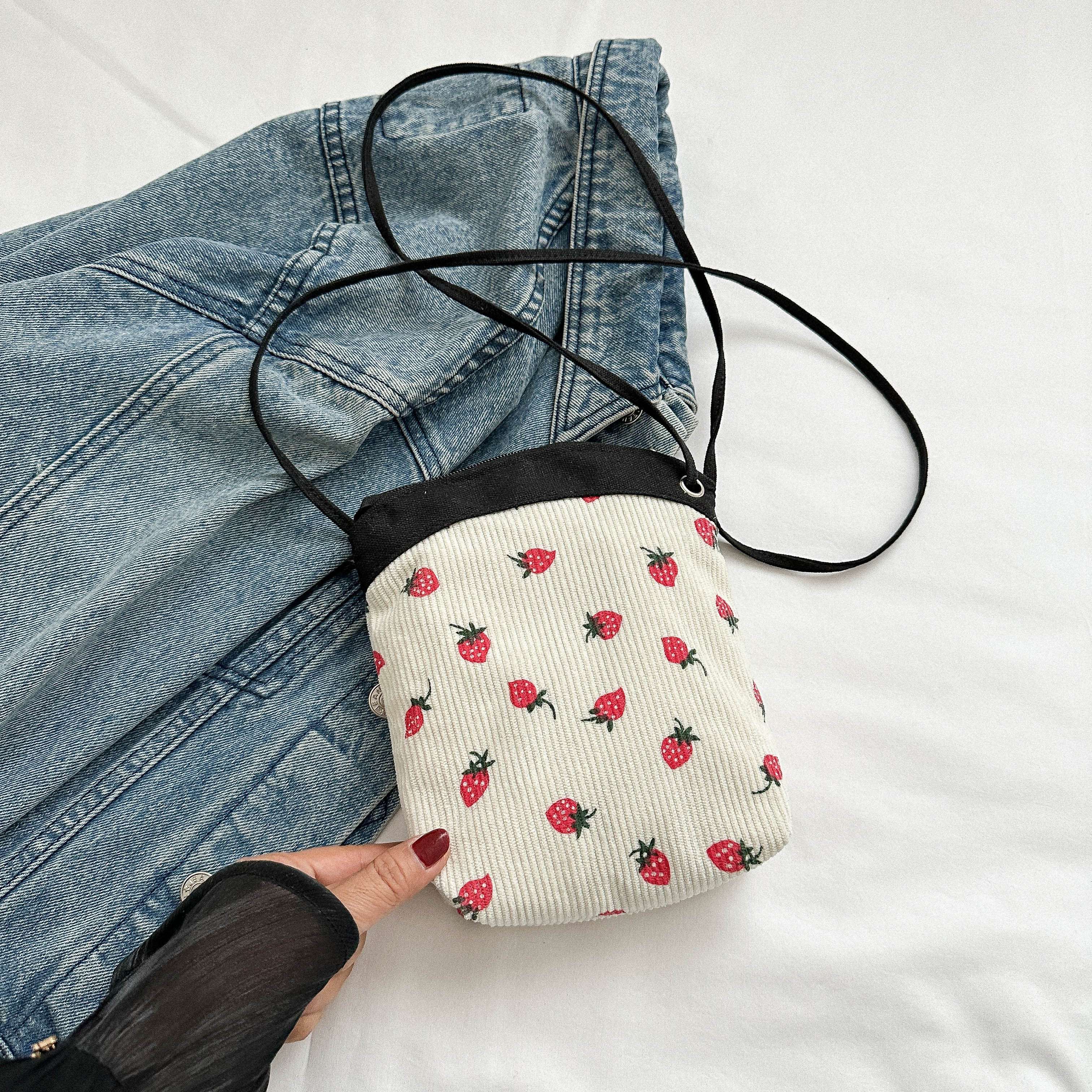 Mini Strawberry Print Cellphone Bag, Kawaii Cute Corduroy