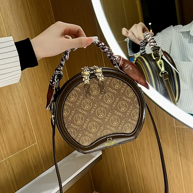 mini bear pattern round handbag fashion scarf decor crossbody bag womens faux leather purse 4 72 7 09 3 94 inch details 1