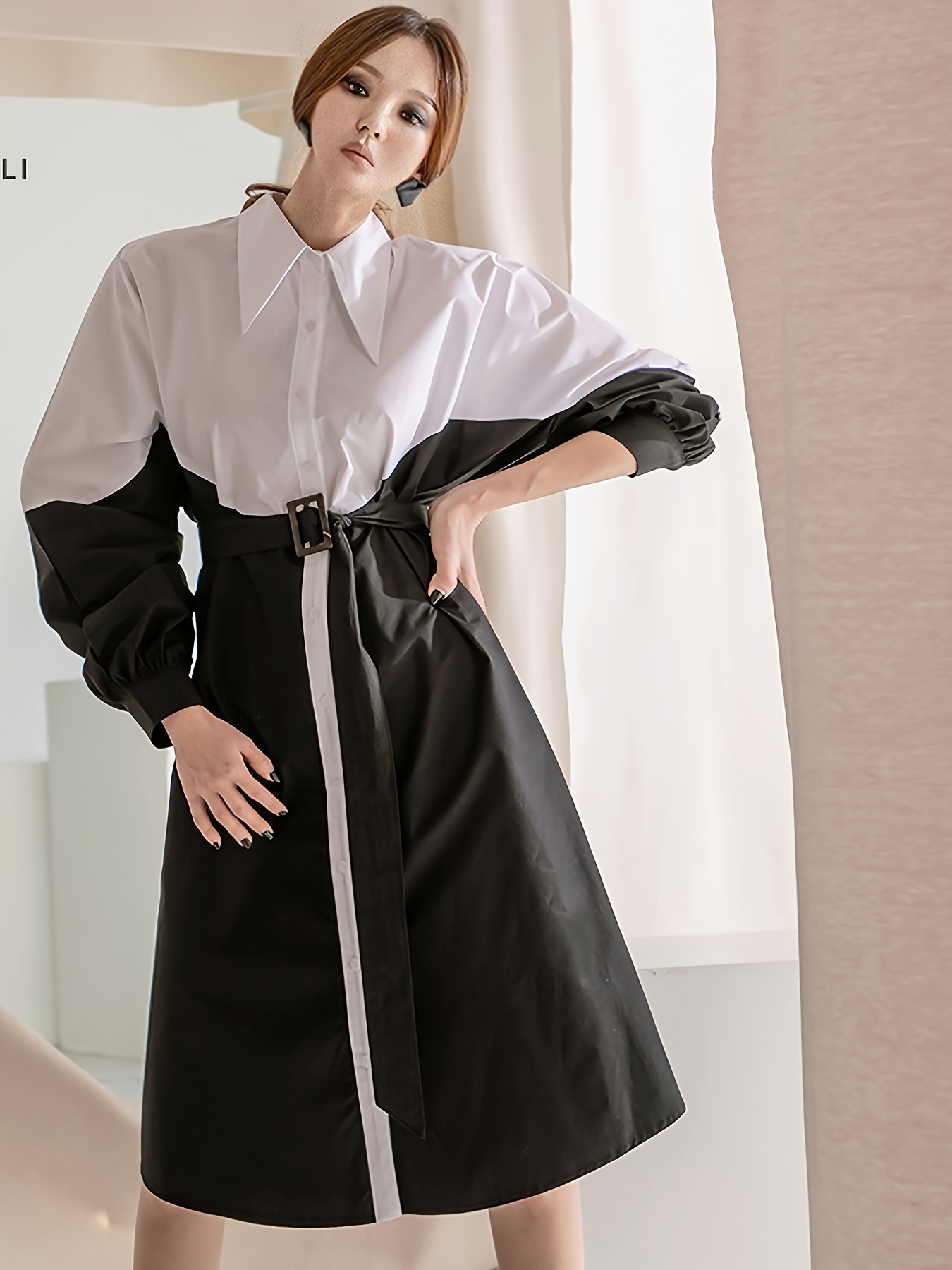 color block button front dress casual long sleeve loose dress for spring fall womens clothing
