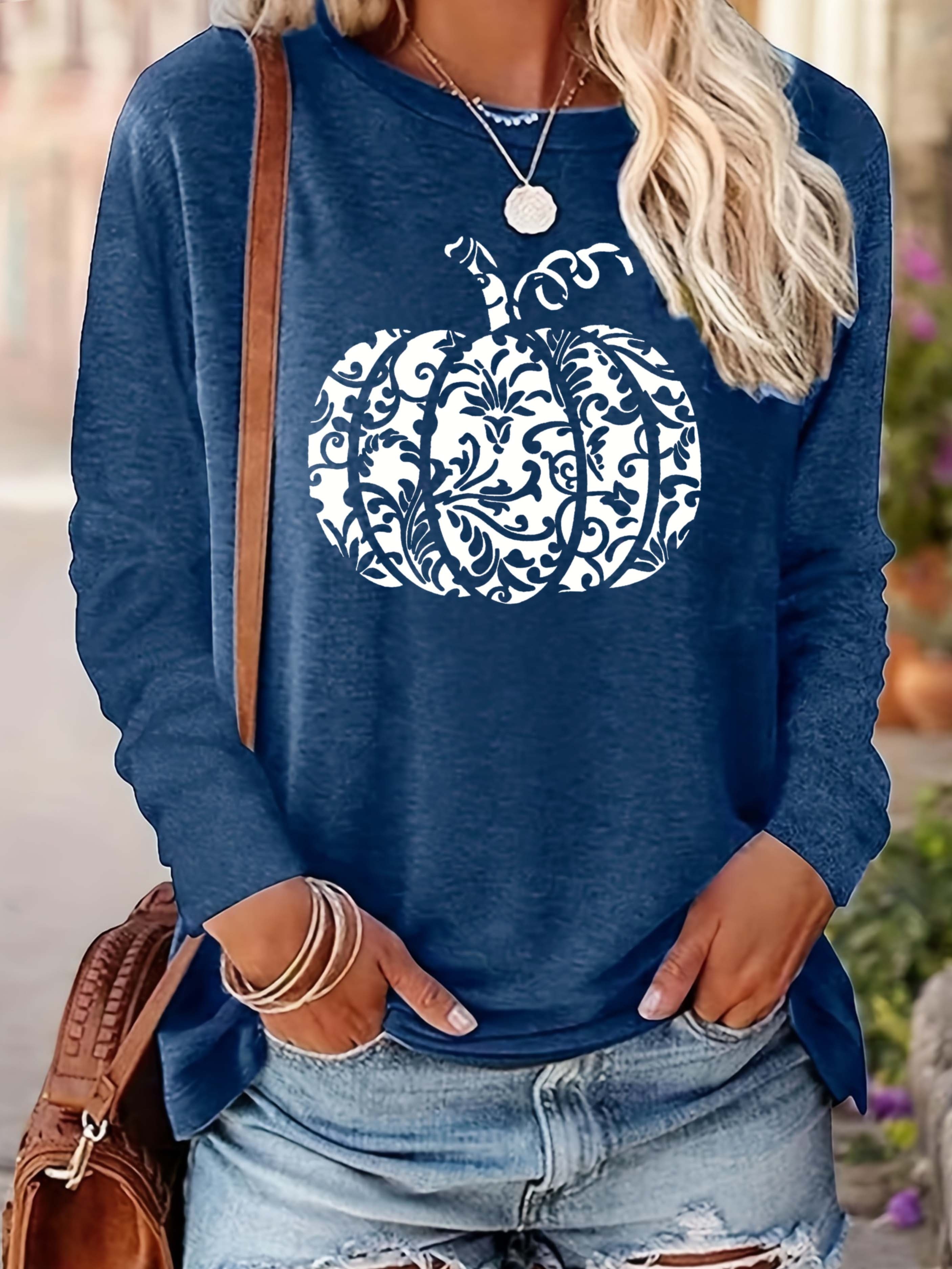 Halloween Pumpkin Print Tee, Casual Long Sleeve Crew Neck T-shirt, Women's Clothing