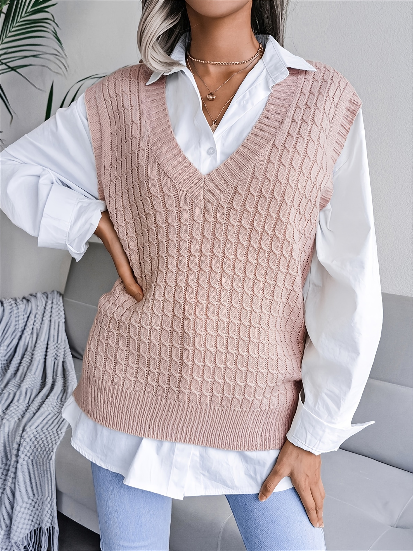 Solid V Neck Knitted Sweater Vest Sleeveless Casual Every - Temu Canada