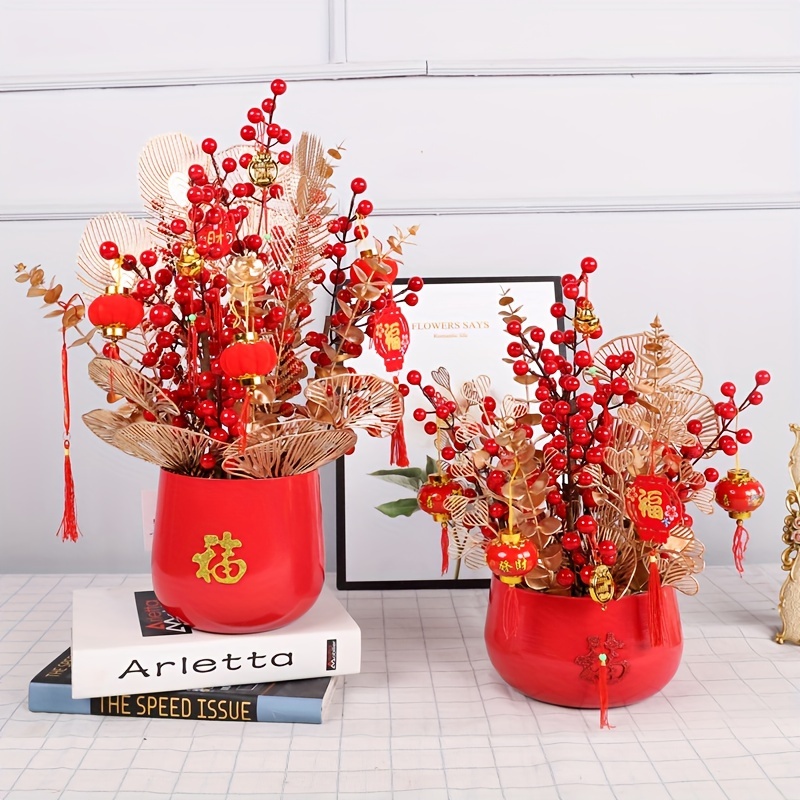 Golden Leaf Holly Red Fruit Bucket Accessories For New - Temu