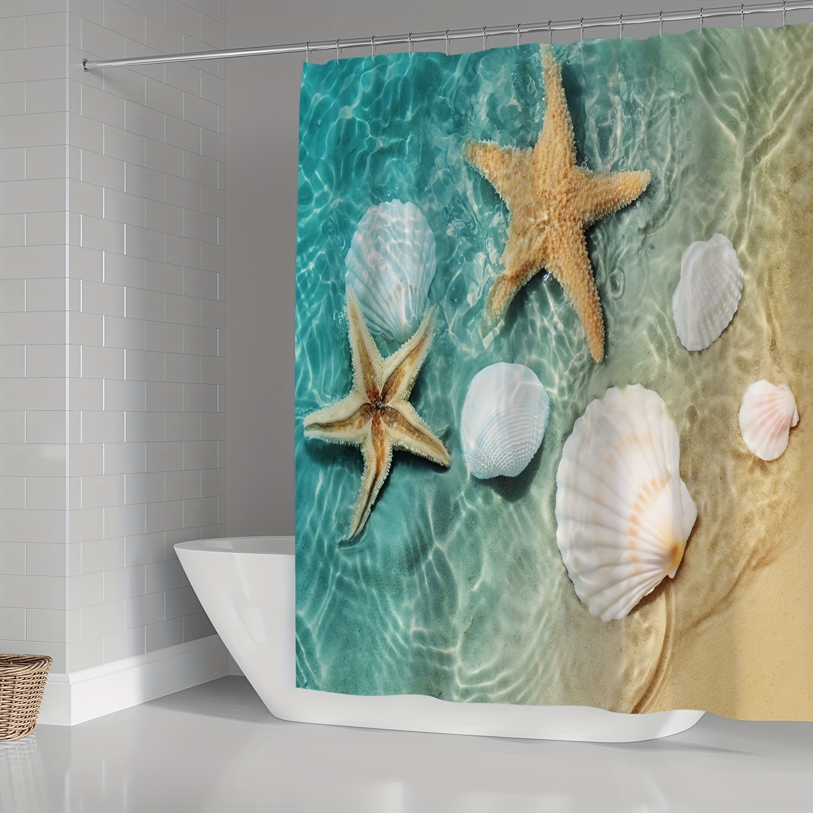 ArtSocket Juego de 4 cortinas de ducha para playa, verano, paisaje marino,  estrella de mar, costa, océano, soleado, con alfombras antideslizantes