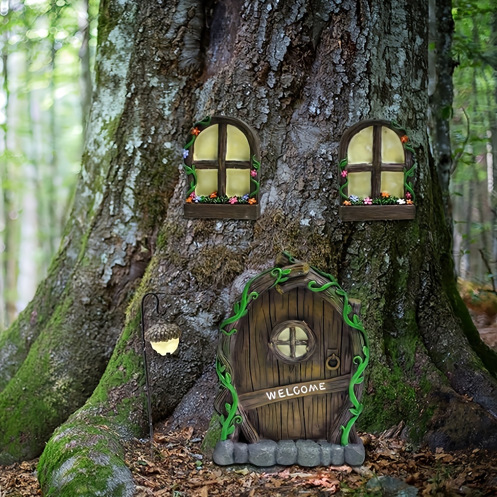 

1 Set Fairy Gate And Window For Trees, Luminous Courtyard Art Sculpture Decoration, Walls, And Tree Outdoor, Mini Fairy Garden Outdoor Decoration Accessories With Fairy Lamp
