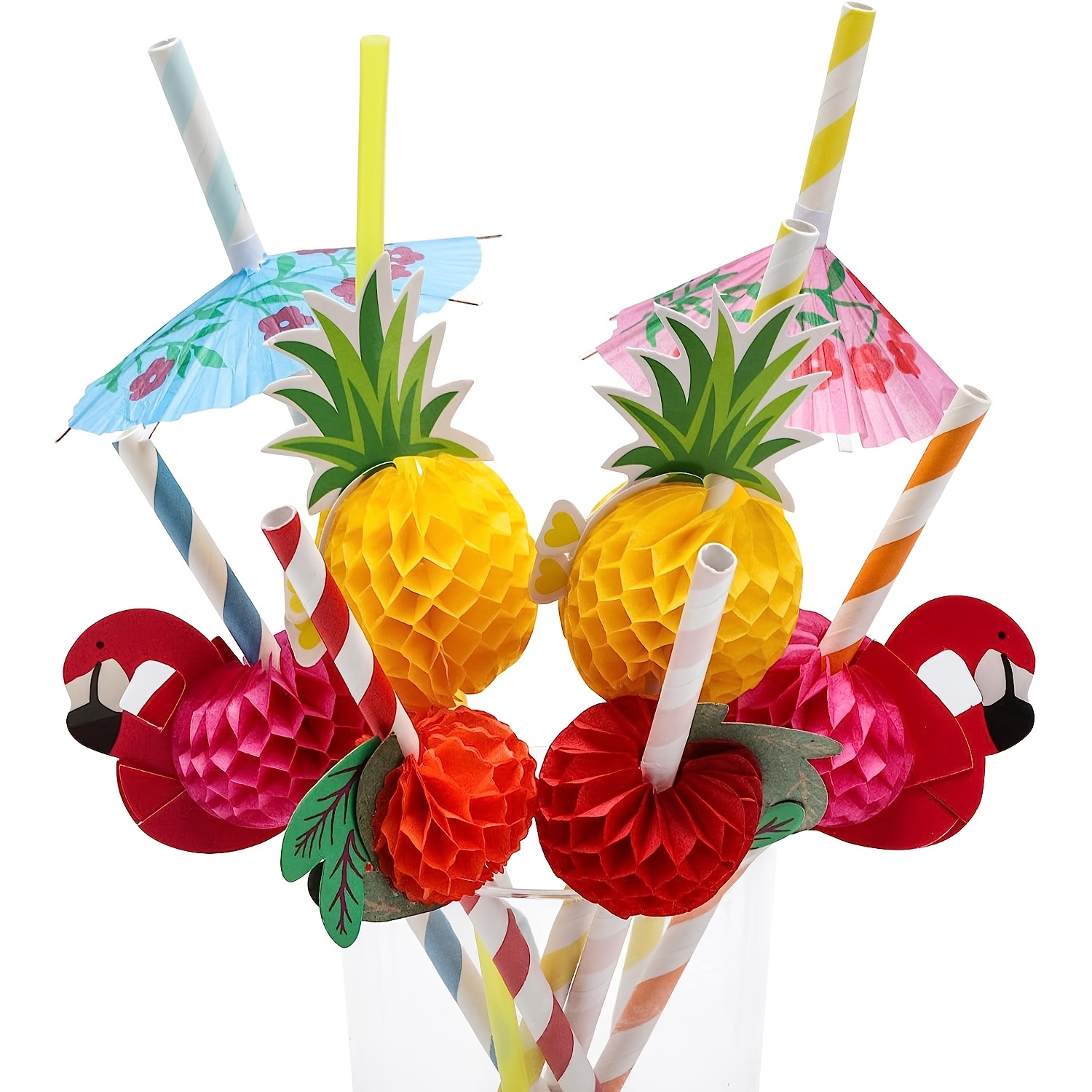 Tropical Pineapple Straws, Plastic Bulk Luau Party Reusable Summer