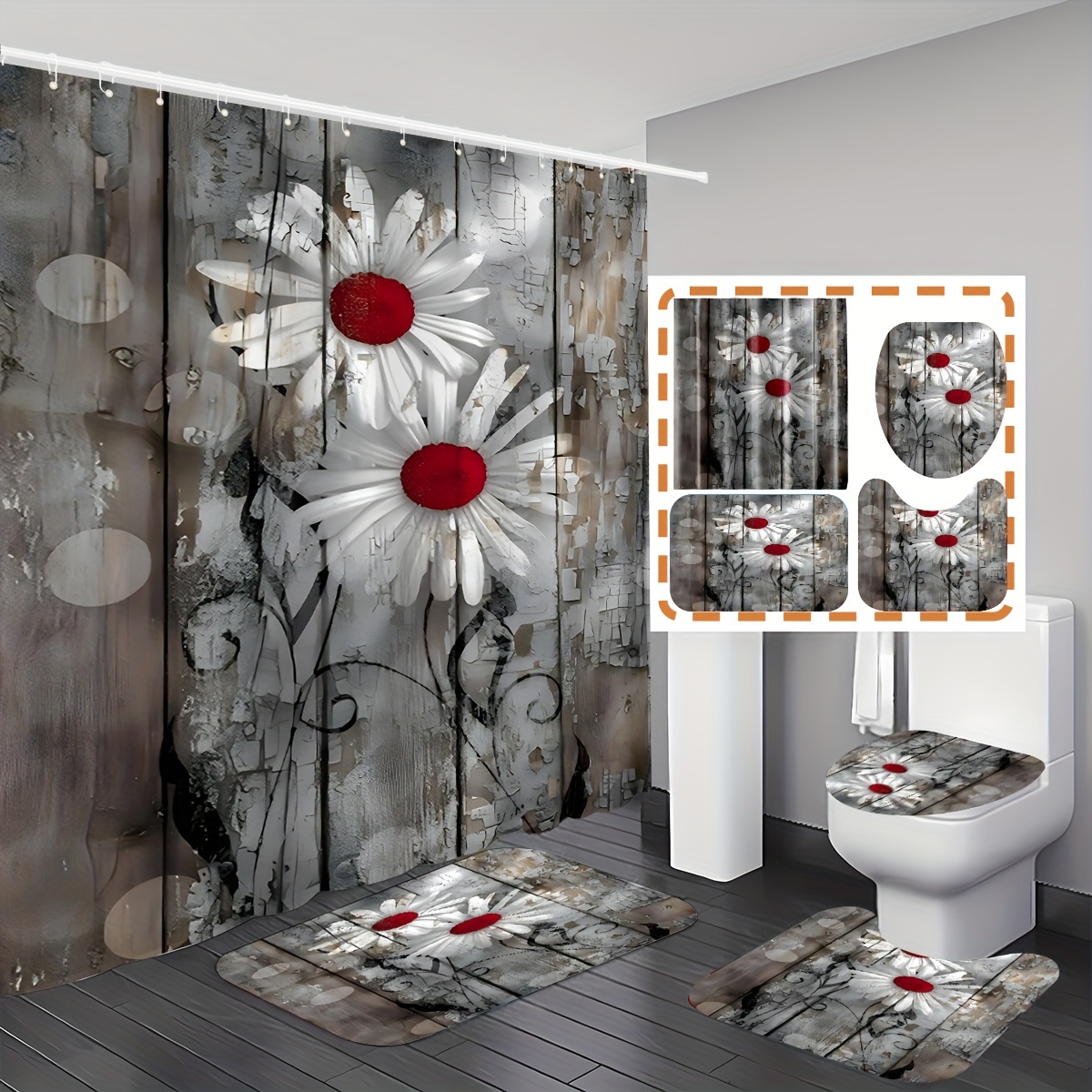 Daisy Floral Shower Curtain Set Waterproof Shower Curtain 12 - Temu