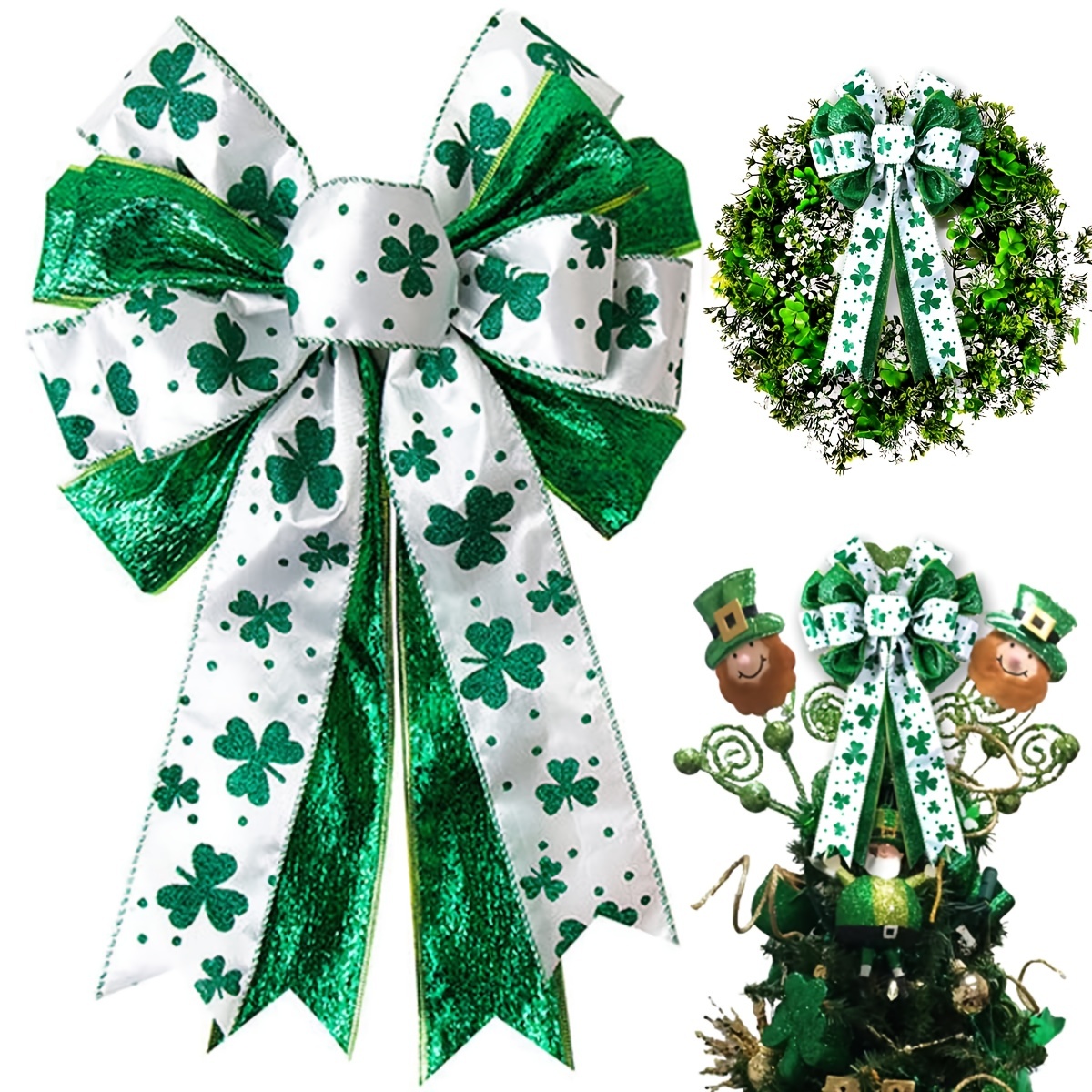 

's Day Glitter Clover Bow For Wreath Decor, Polyester, No Battery Required, Featherless, Ideal For Christmas Tree Topper, Front Door & Outdoor Decorations