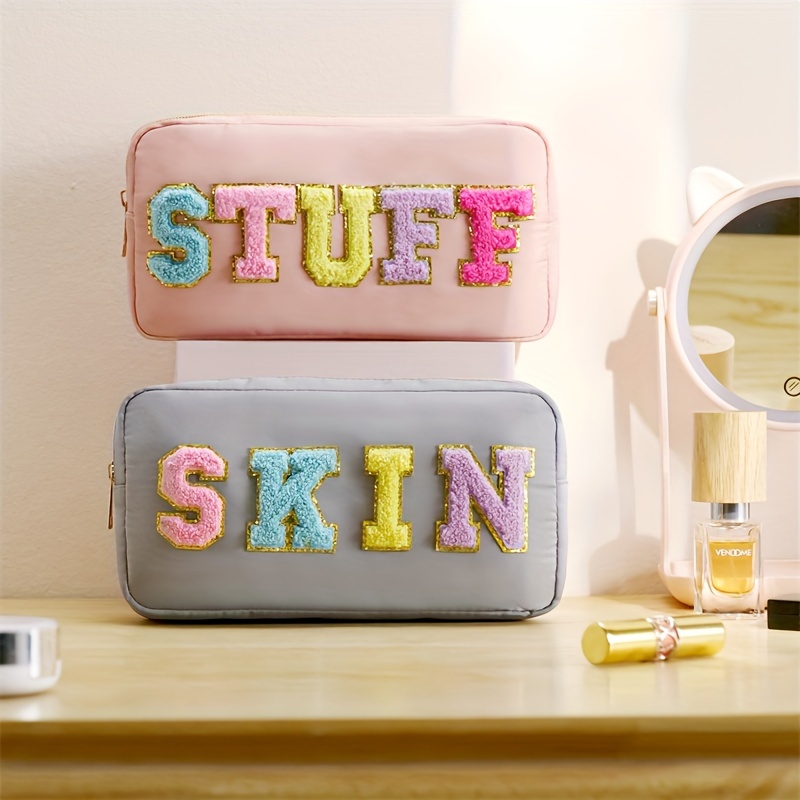 

Chic Nylon Felt Embroidered Letter Makeup Bag - Waterproof, Large Capacity Cosmetic & Toiletry Organizer With Zip Closure