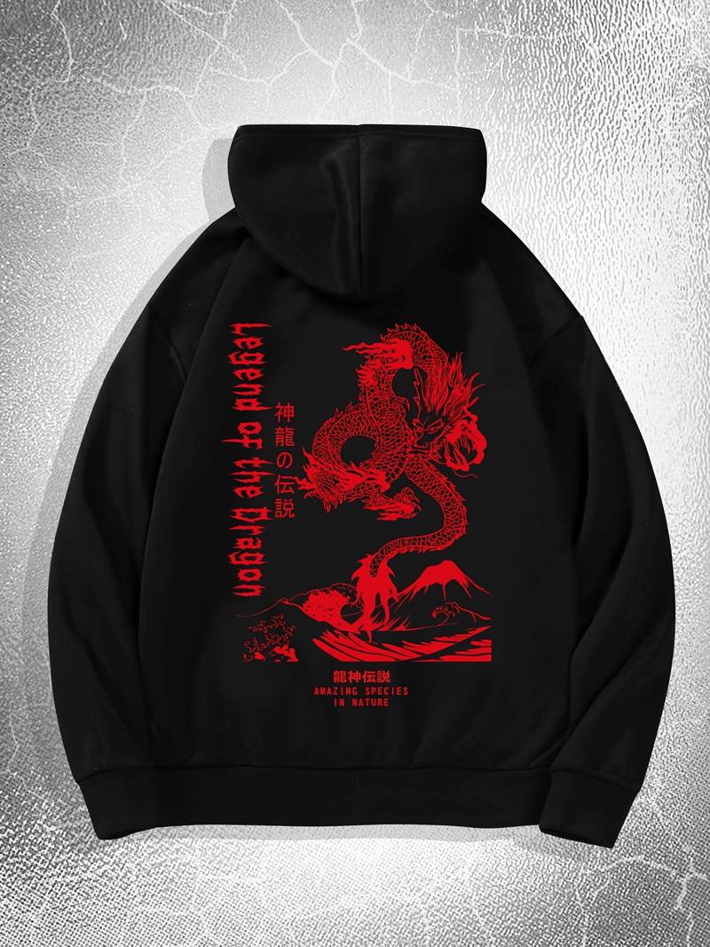 Sweat à Capuche Homme Imprimé Dragon - Coupe Ample Décontractée - Style Streetwear Ethnique - Pour Loisirs Et Quotidien