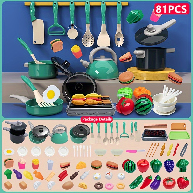 Juego de 61 accesorios de cocina para niños, juego de cocina para niños  pequeños con ollas y sartenes, utensilios de cocina, juguetes de corte