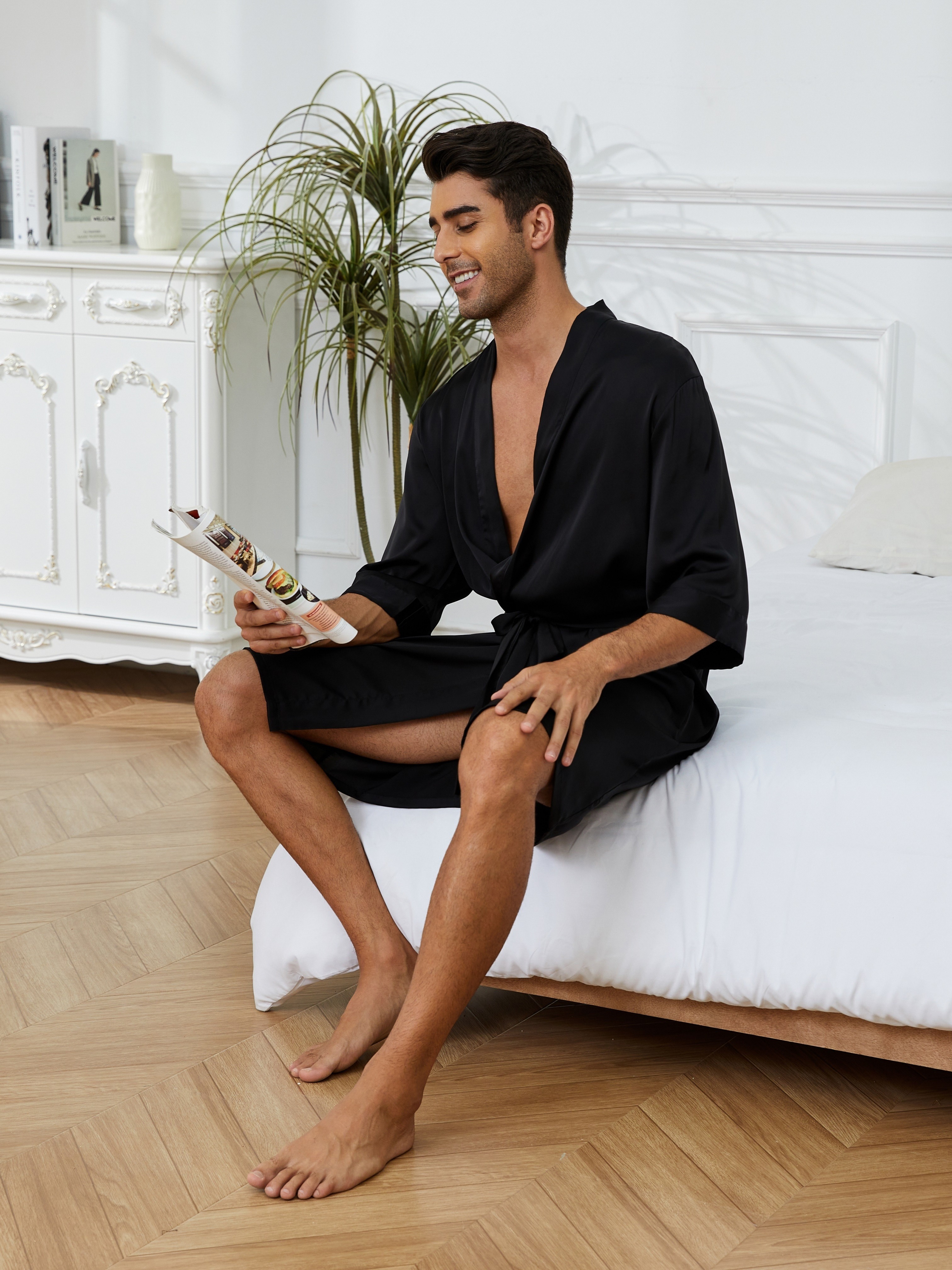 Bata de color liso, cómoda, suave y moderna para hombres, pijamas caseros,  conjuntos de bata de noche después del baño