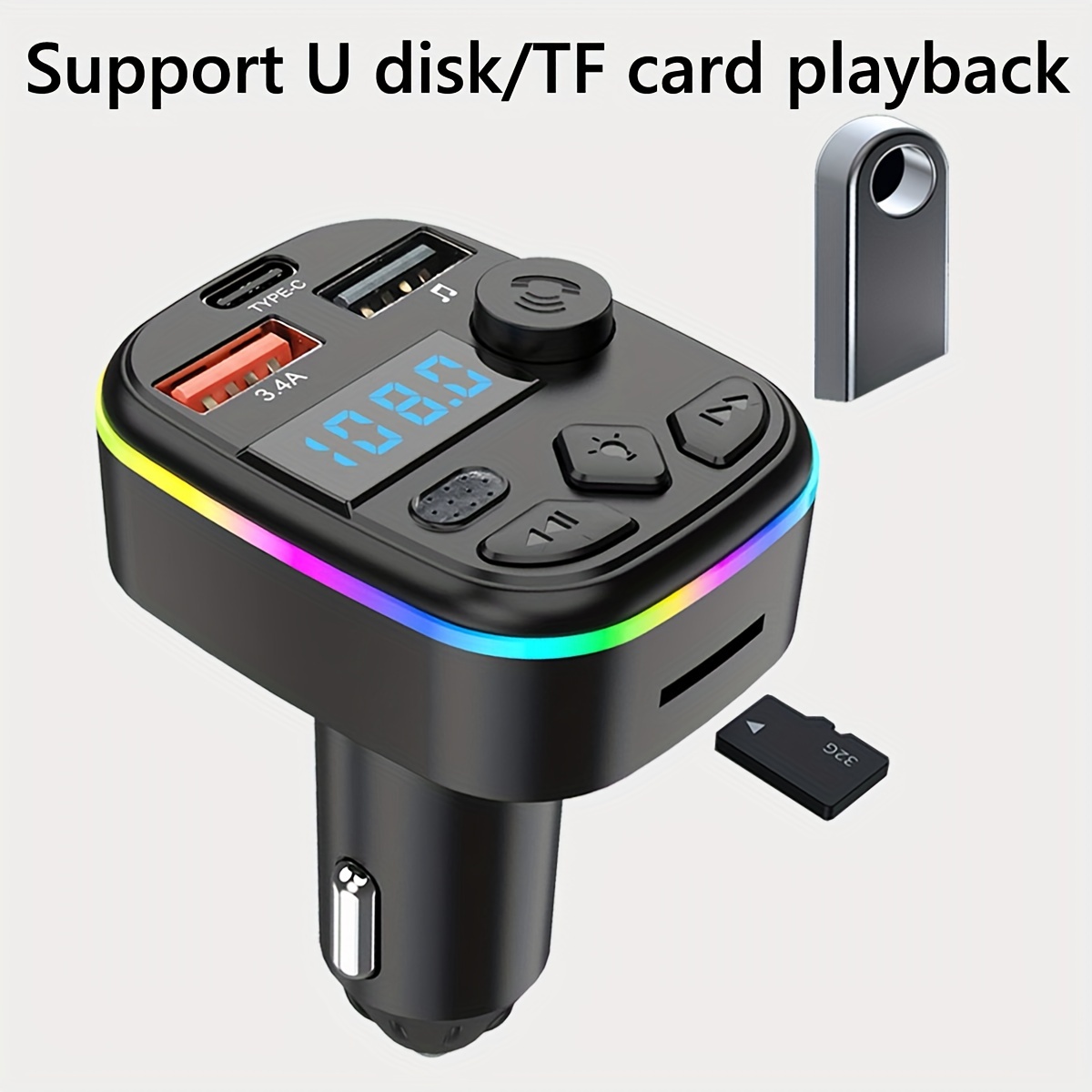 FM Transmetteur Support TF Carte U Disque Voiture Lecteur MP3 Double USB  Type C Chargeur De Voiture Charge De Téléphone Portable Mains Libres Appel