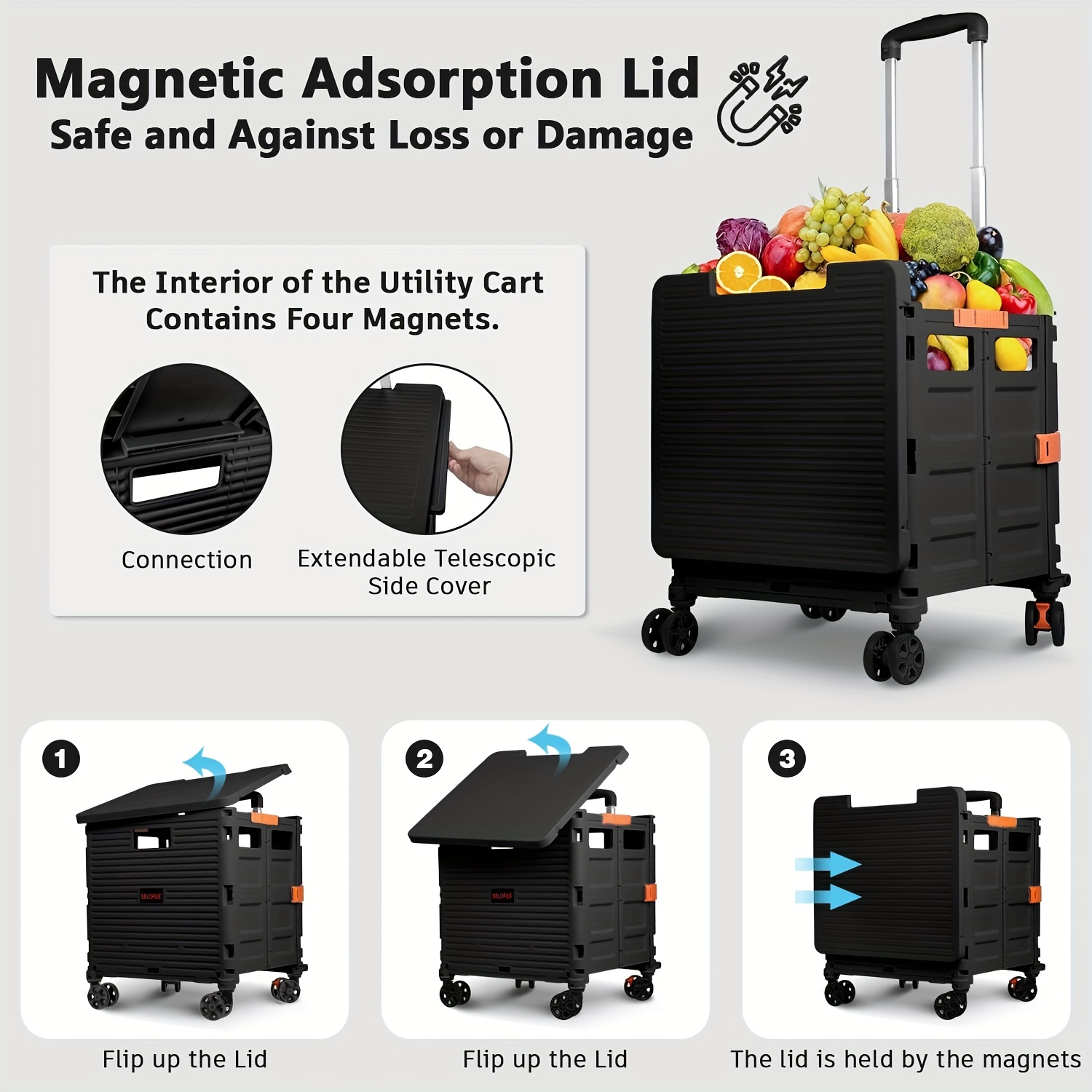 1pc Folding Utility Cart, Portable Rolling Crate Handcart, With Durable  Heavy Duty Plastic Telescoping Handle, Collapsible Hidden Lid, 4 Rotate  Wheels