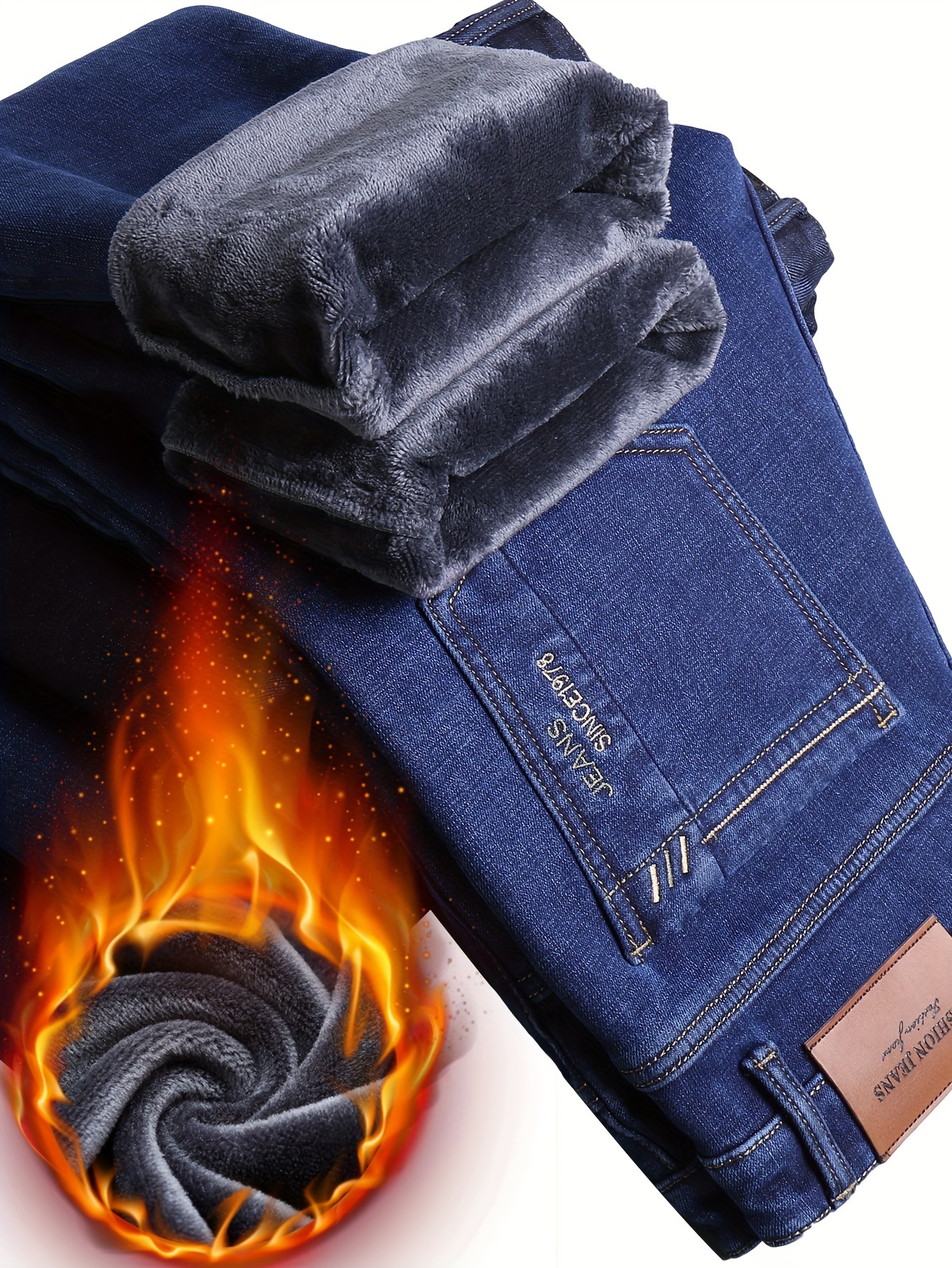 Men's Casual Warm Thick Jeans, Classic Design Pocket Jeans For Fall Winter  Outdoor