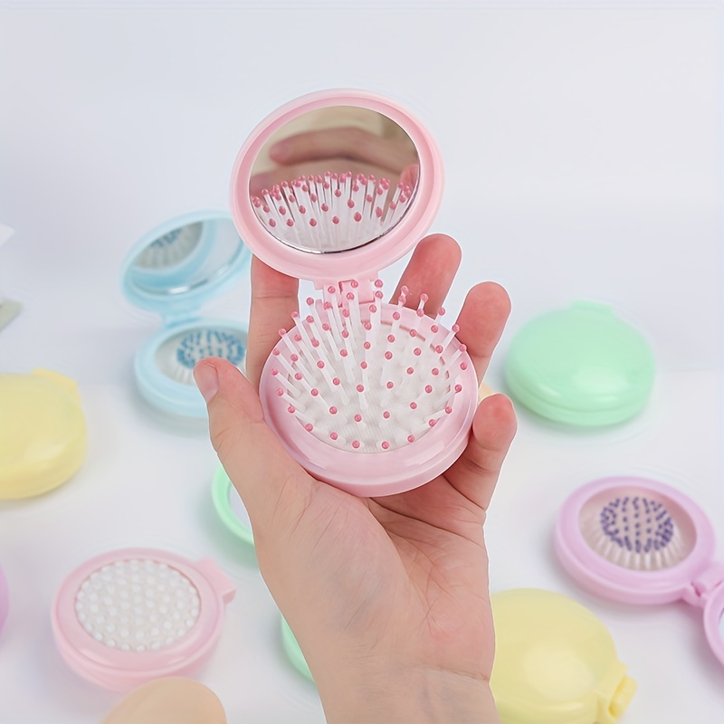 Folding Hair Brush With Mirror Round Mini Compact Massage - Temu