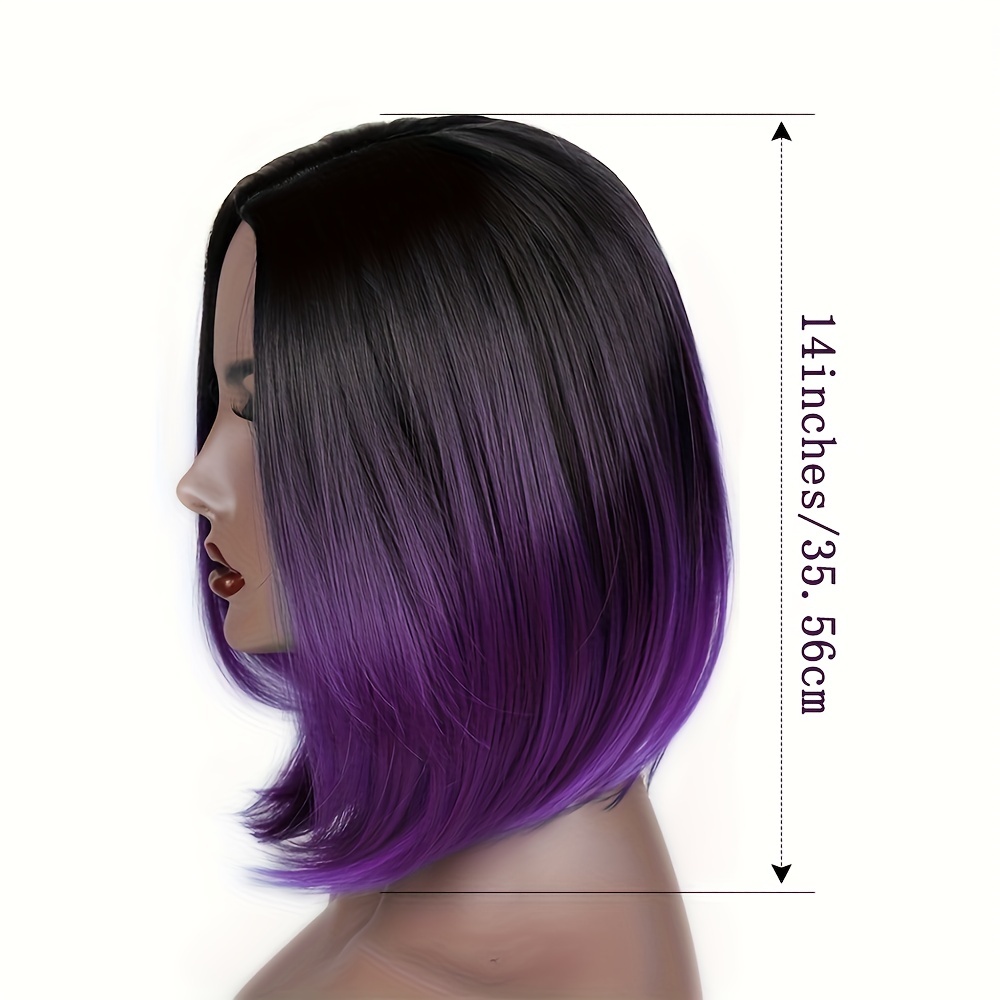 Synthetic Ombre Black To Purple Straight Bob Wigs Natural Looking Middle Part Heat Resistant Fiber Wigs For Daily Cosplay Party Wear