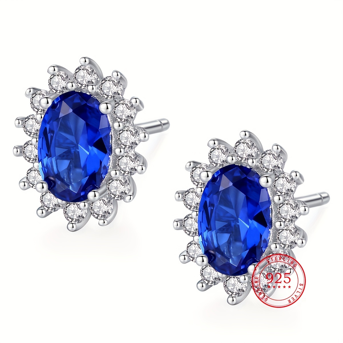 

925 Silver Sapphire Stud Earrings For Women Artificial Gem Stone Holiday Style Women's Fine Jewlry