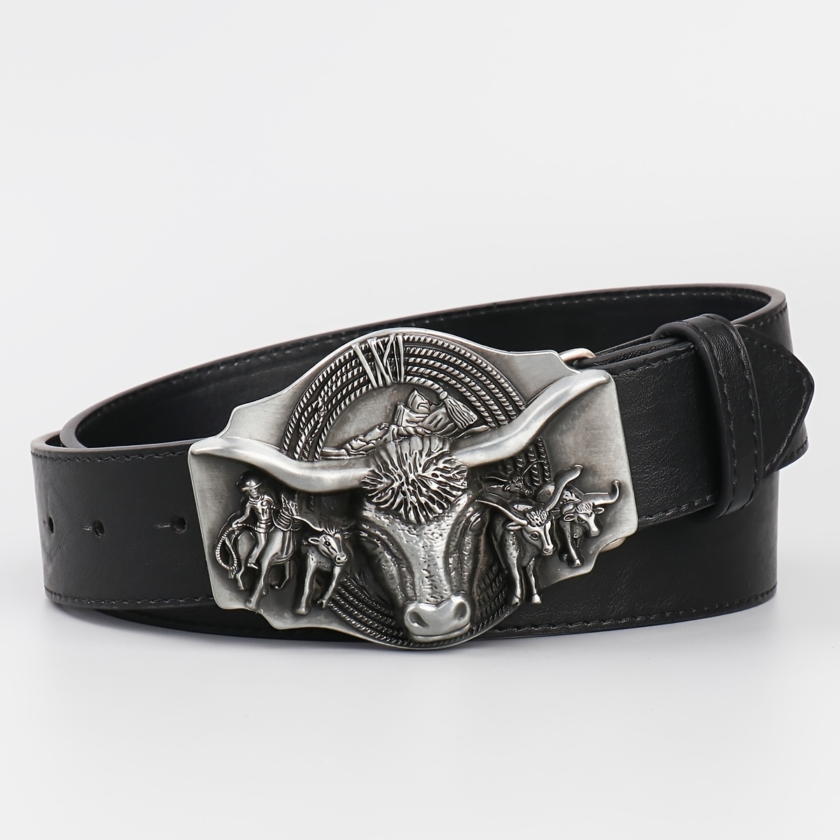 Western Large Buckle Bull Head Embossed Rivet Belt, Trendy Versatile Men's  Belt - Temu