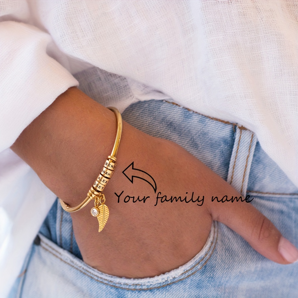 Leaf Shaped Stainless Steel Cuff Bangle with Names