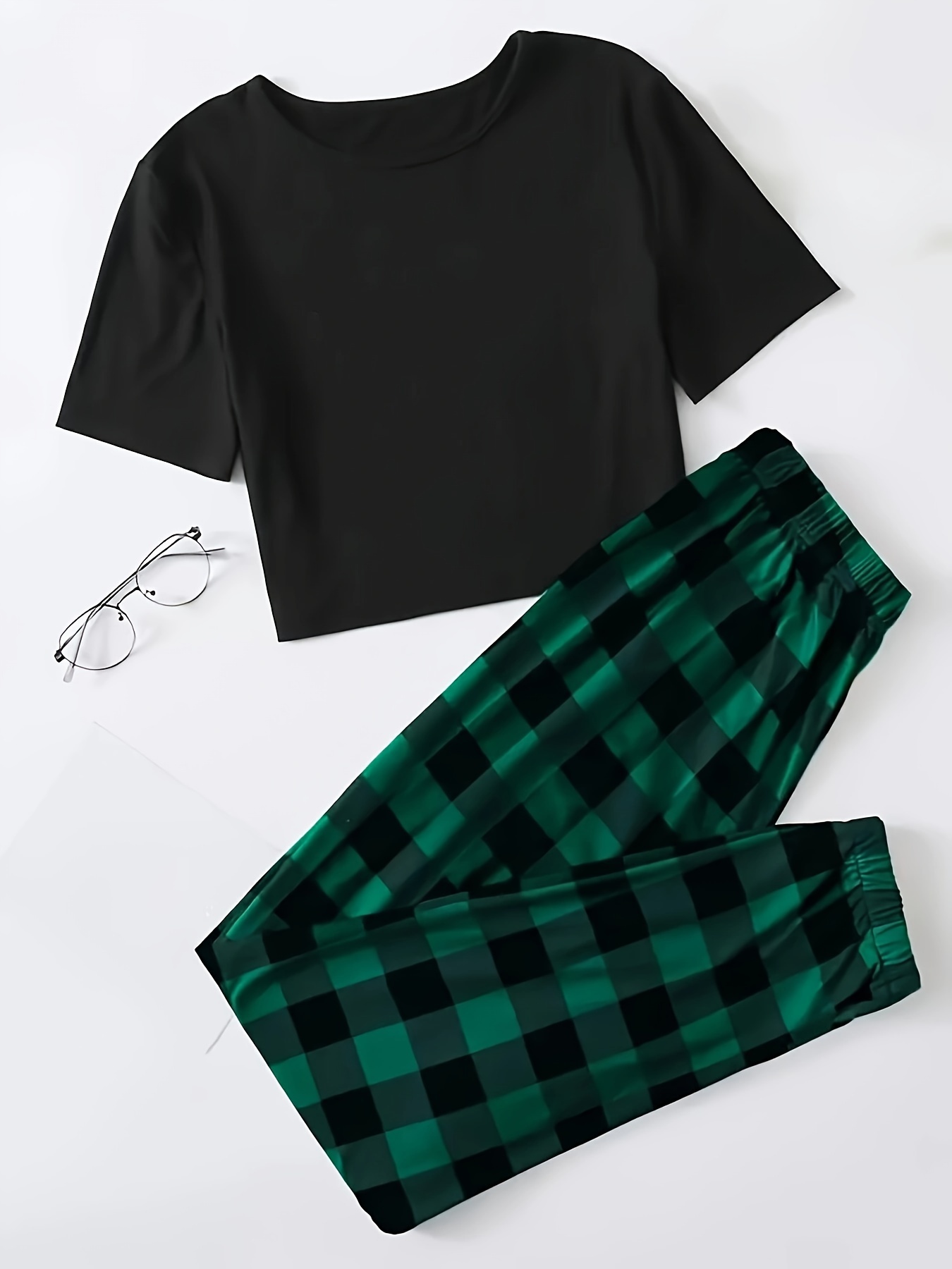 Casual Comfy Plaid Pajamas Set Round Collar Short Sleeve Top - Temu