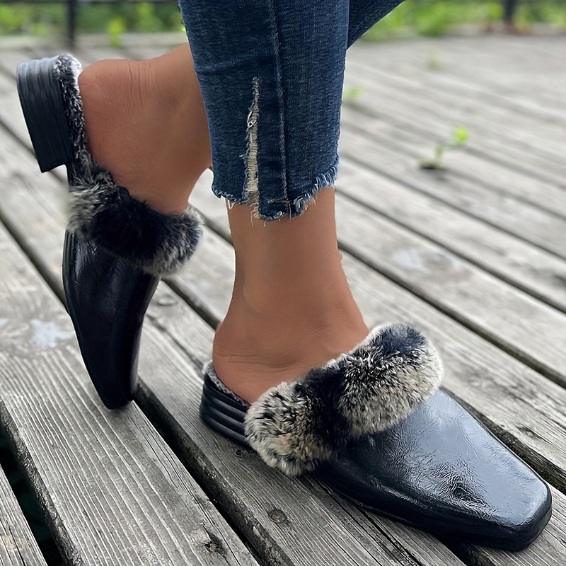 Womens Faux Fur Lined Mules Square Toe Faux Leather Slip On Shoes
