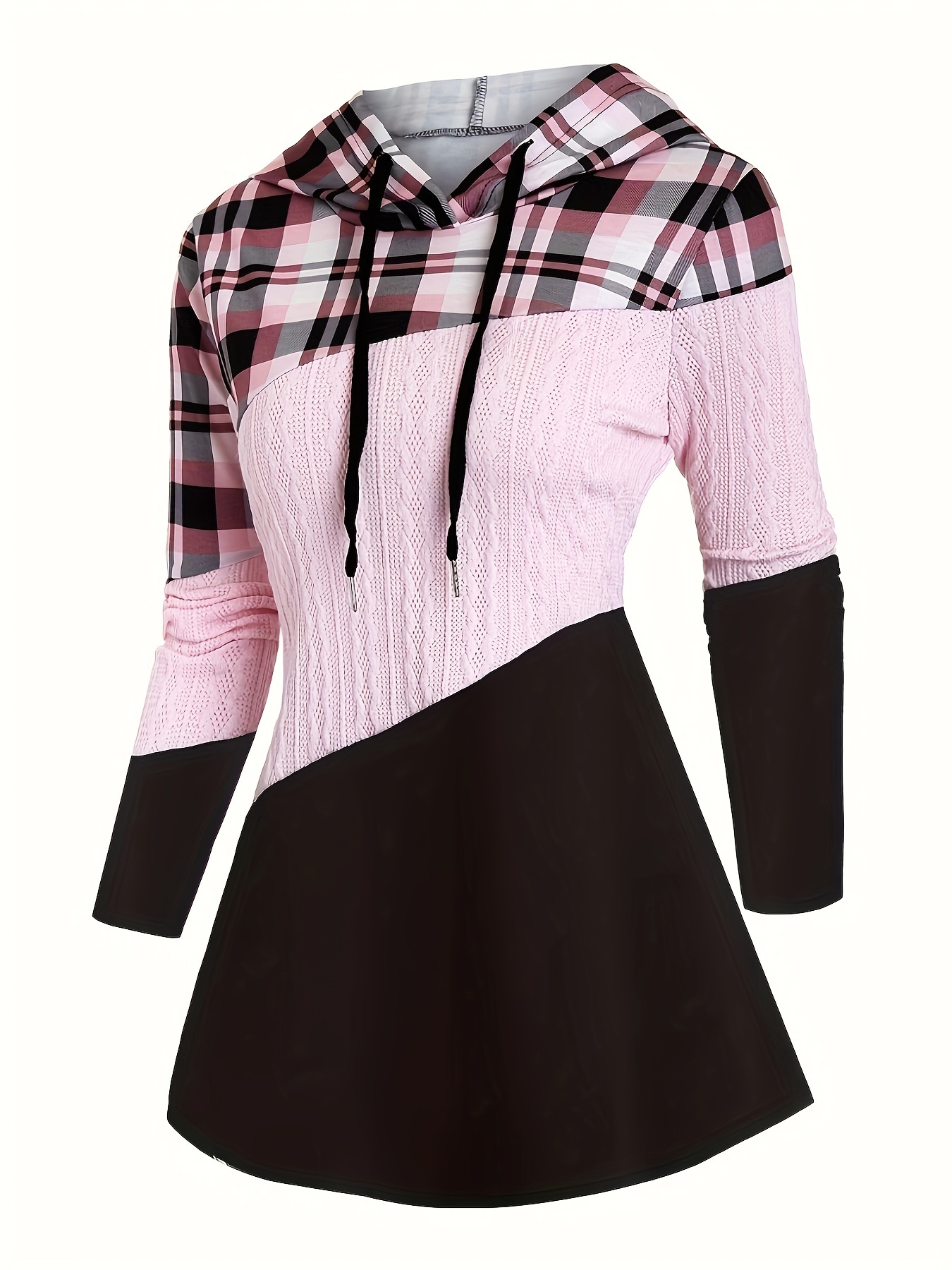 Pink Color Women's Plaid Patchwork Hooded Long Sleeve Drawstring Pullover Casual Fashion Hoodie