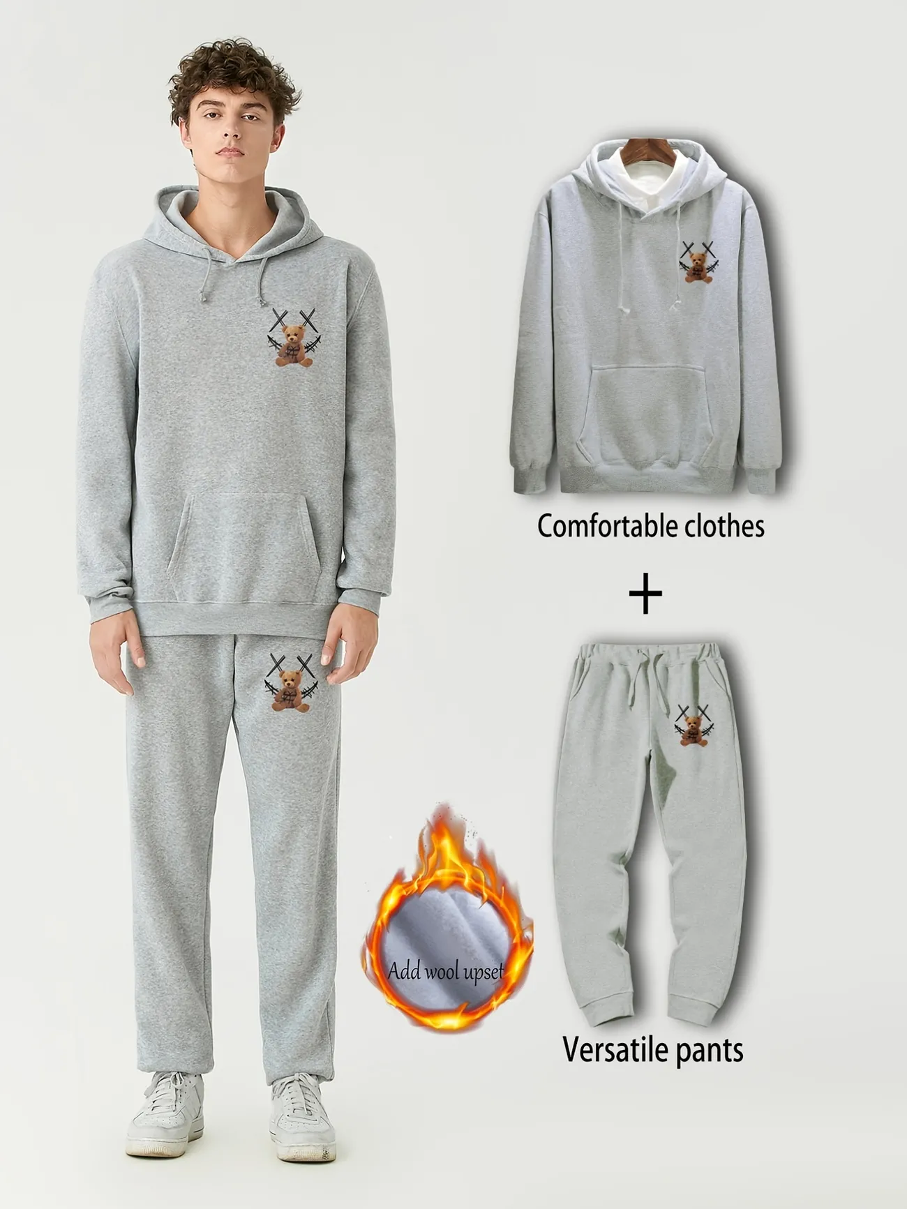 2pcs Mens Casual Warm Sweatsuits Graphic Print Hoodie With Kangaroo Pocket  Drawstring Sweatpants, Shop The Latest Trends