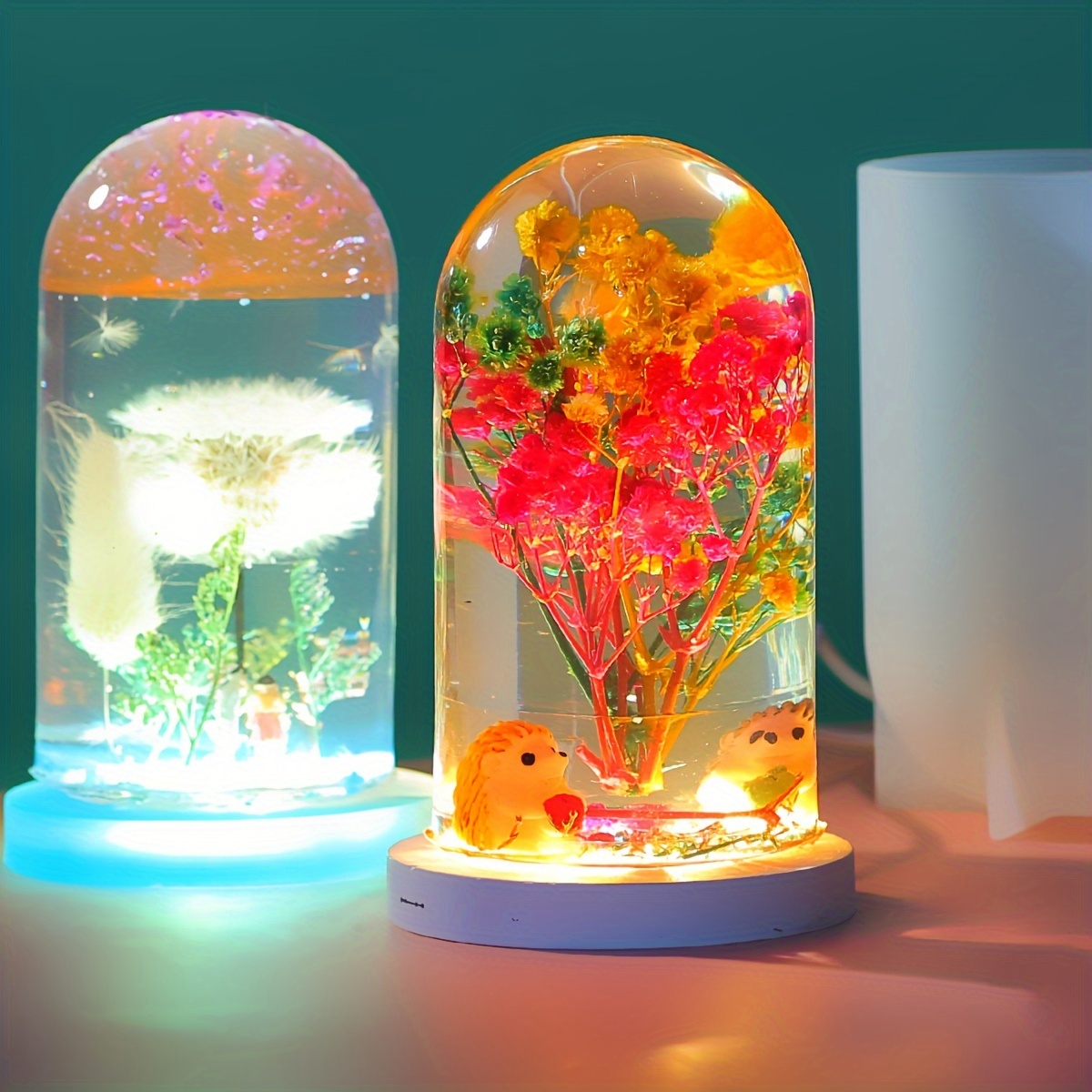 Large Crystal Gem Silicone Mold Resin Flower Preservation Kit with LED  String Lights 9-Pack