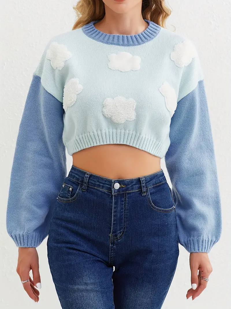 Cloud Pattern Color Block Pullover Sweater Cute Long Sleeve - Temu