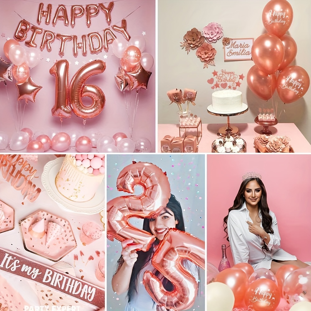  Decoraciones de cumpleaños número 18 para niñas, decoraciones  de fiesta de oro rosa, globos de cumpleaños de 18 años, pancarta de feliz cumpleaños  18, tiara de cumpleaños 18, globos de confeti