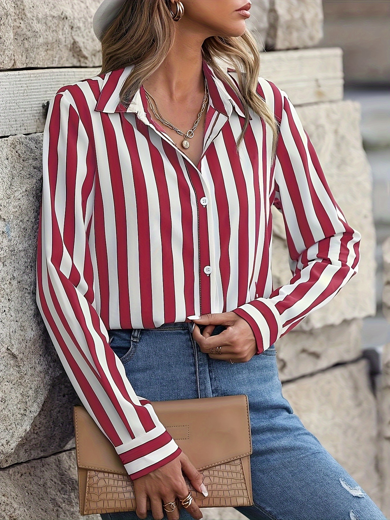 Womens Lapel Long Sleeve Striped Casual Shirt