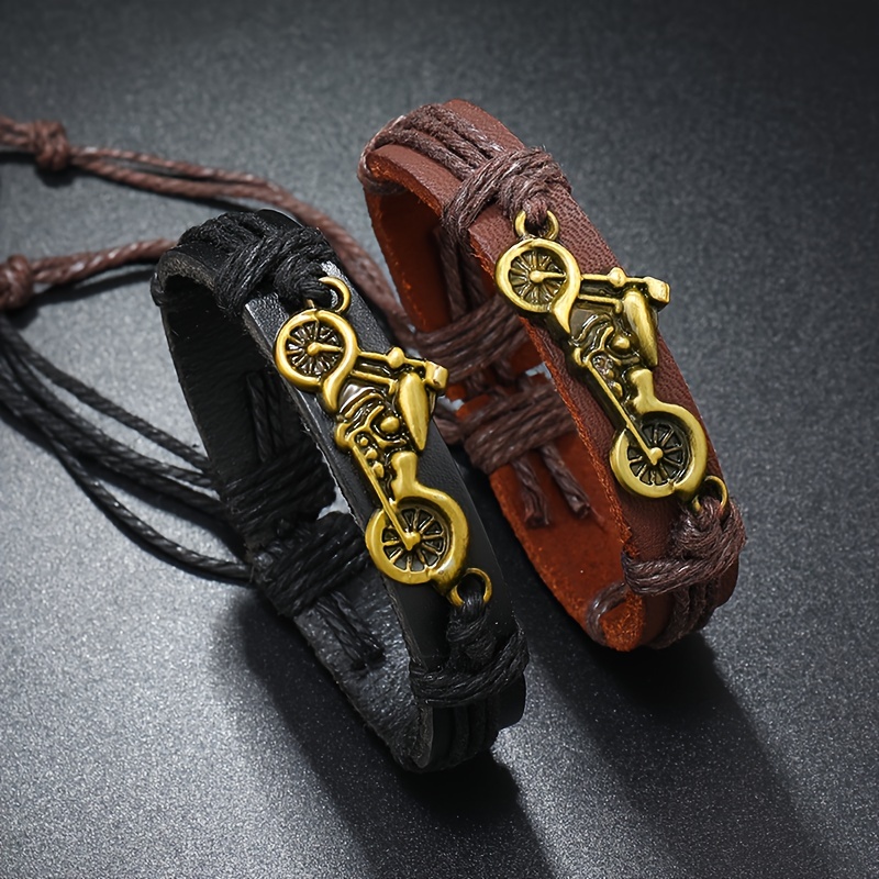 

Funky Vintage-inspired Genuine Leather Men's Bracelet With Alloy Motorcycle Charm - Fashionable Accessory