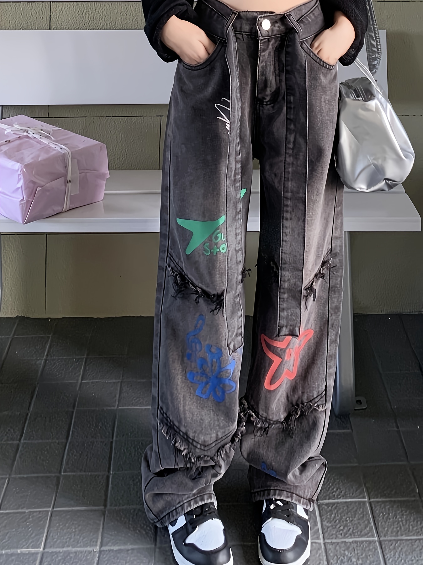 Black Graffiti Print Baggy Jeans, Loose Fit Street Style Chic Wide Legs  Jeans, Women's Denim Jeans & Clothing