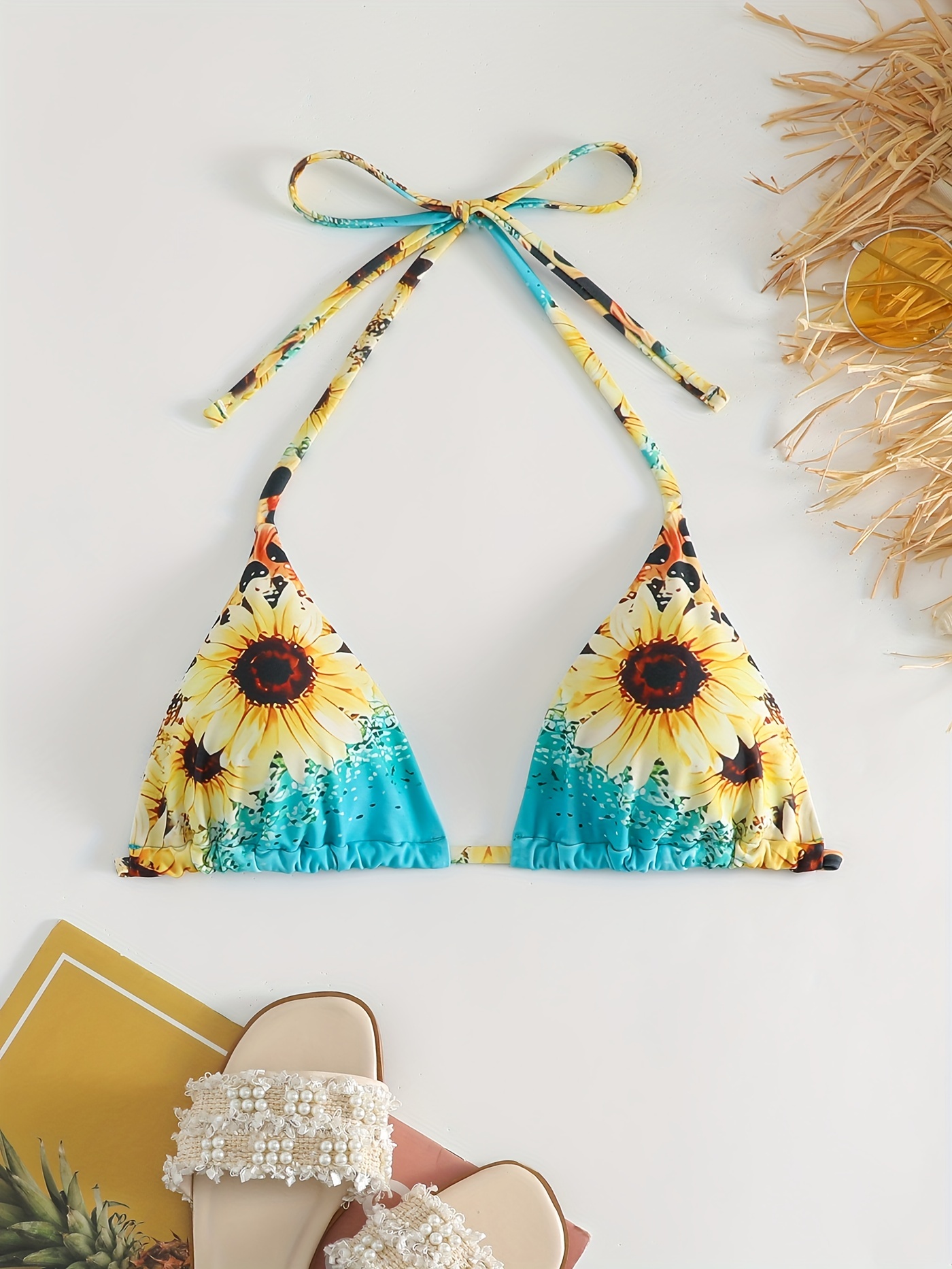 Sunflower Print Triangle Halter Bikini Top Tie Neck Backless - Temu Canada