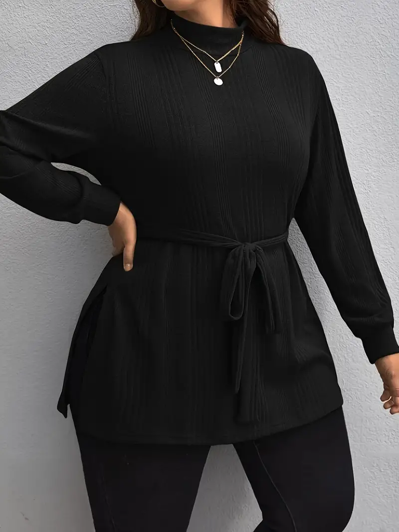 plus size solid mock neck t shirt casual long sleeve ribbed split pullover t shirt for fall winter womens clothing details 4