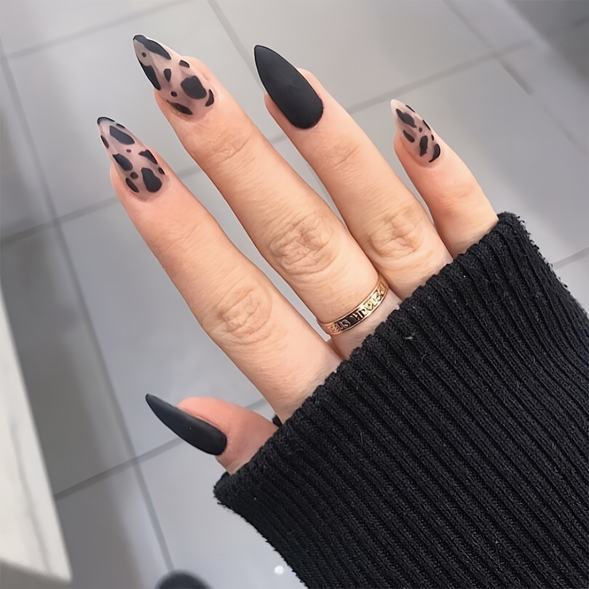 

24pcs Almond-shaped Press On Nails - Long Matte Black & Mixed Color Leopard Print Fake Nail Set, Colorblock Design Acrylic Stick On Nails