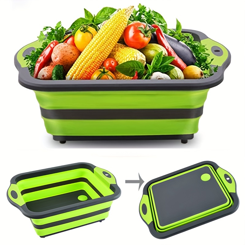 

1pc, Collapsible Cutting Board With Colander, Multifunction Folding Chopping Board, Dish Tub Basin, Food Strainer, Storage Basket, Basin For Draining & Washing Vegetables Fruits Pasta, Kitchen Stuff