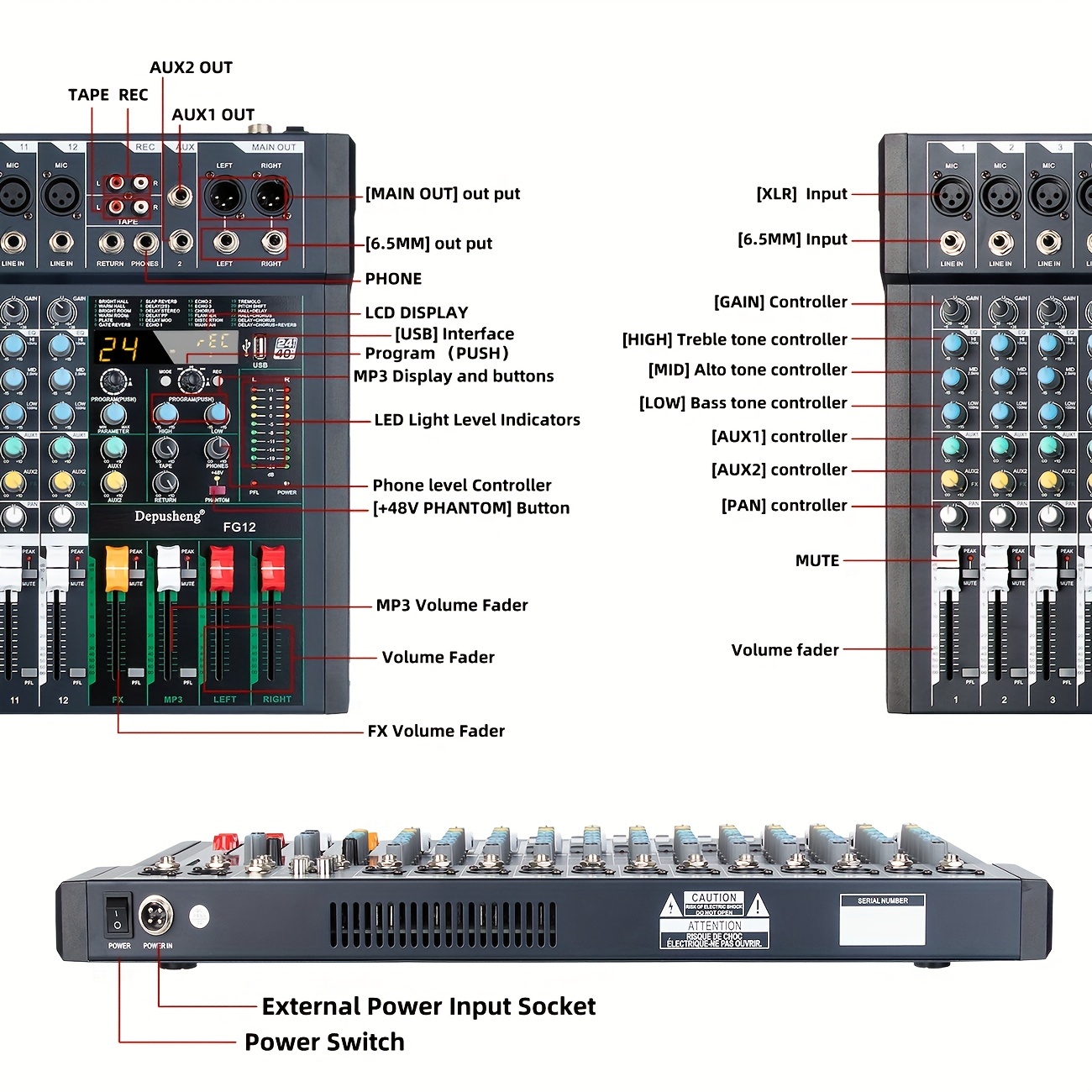 Table De Mixage Audio DJ 48V Power Reverb USB Numérique Pour Carte