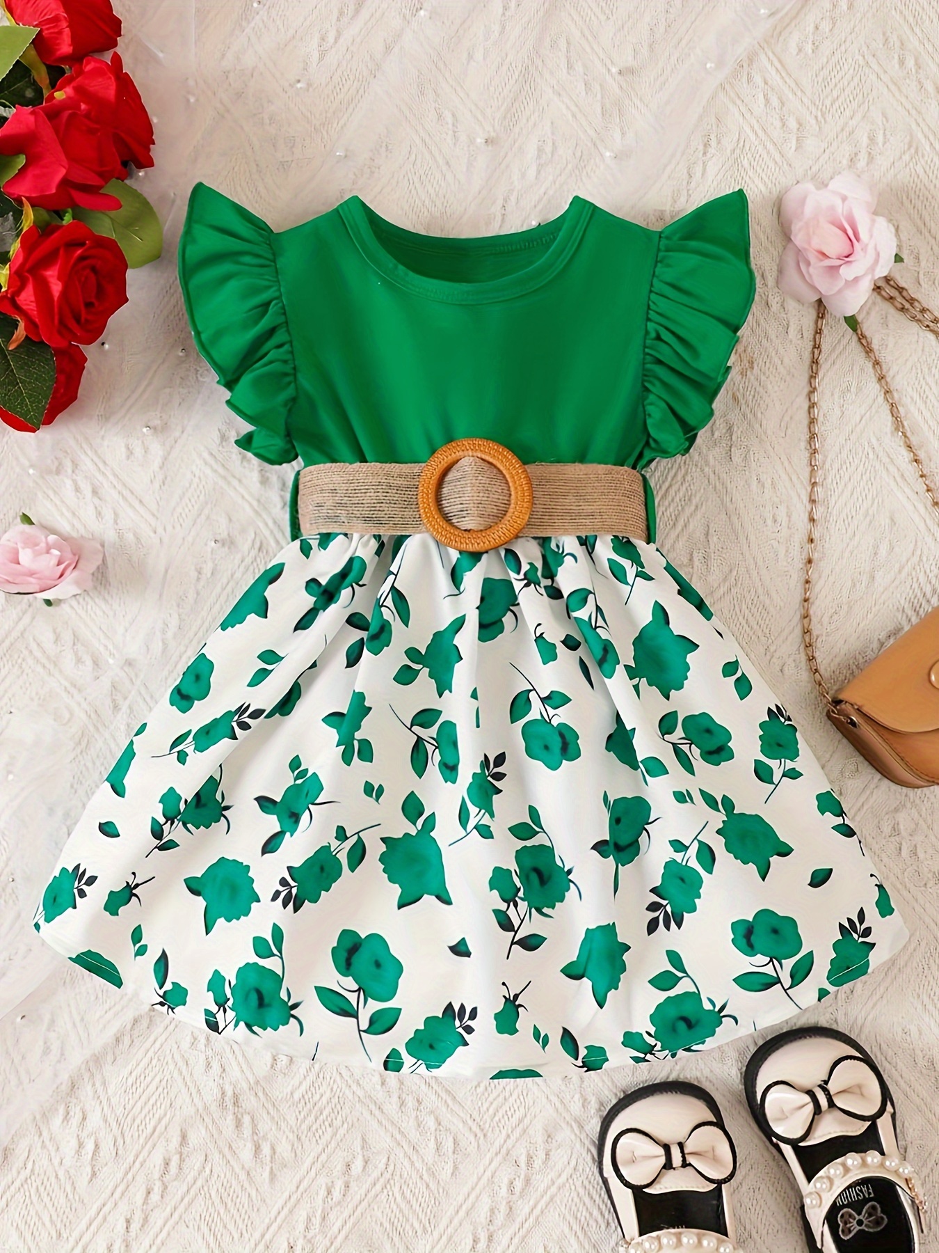 Flutter-sleeve dress - Green/Floral - Kids