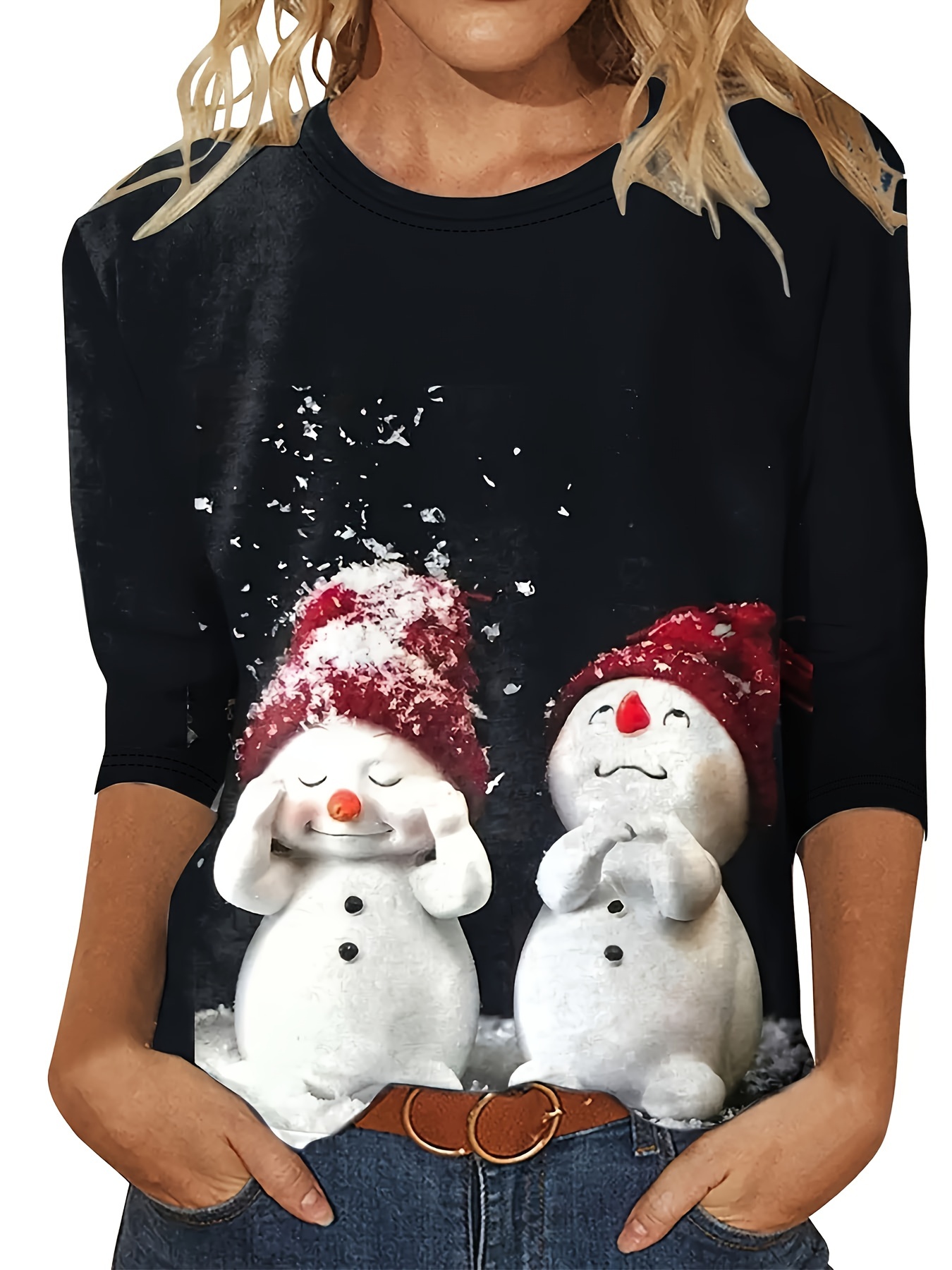 Plus Size Casual T shirt Women's Plus Snowman Print Long - Temu Canada