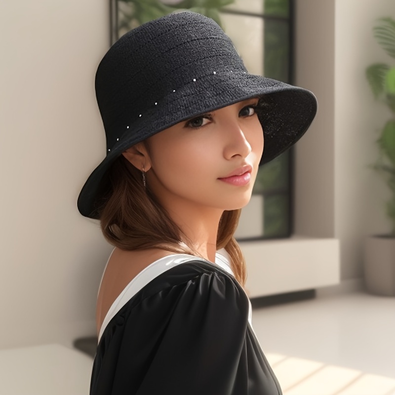 Elegant Straw Bucket Hat Solid Color Breathable Summer Basin