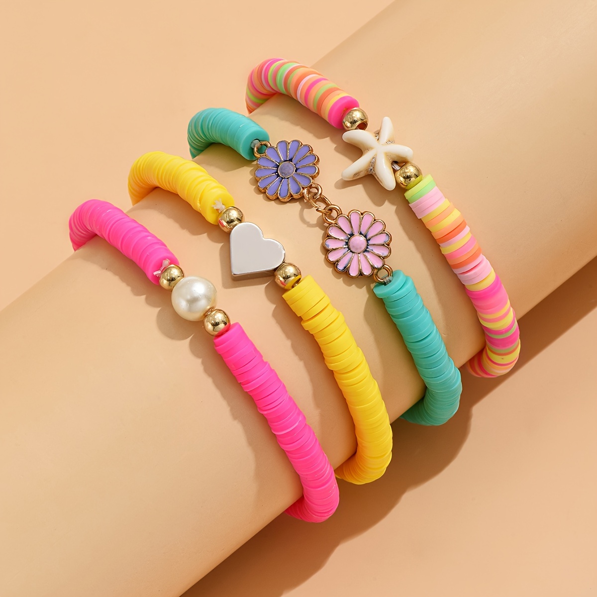 Colorful Soft Clay Beads Beaded Bracelet Set Stackable Hand - Temu