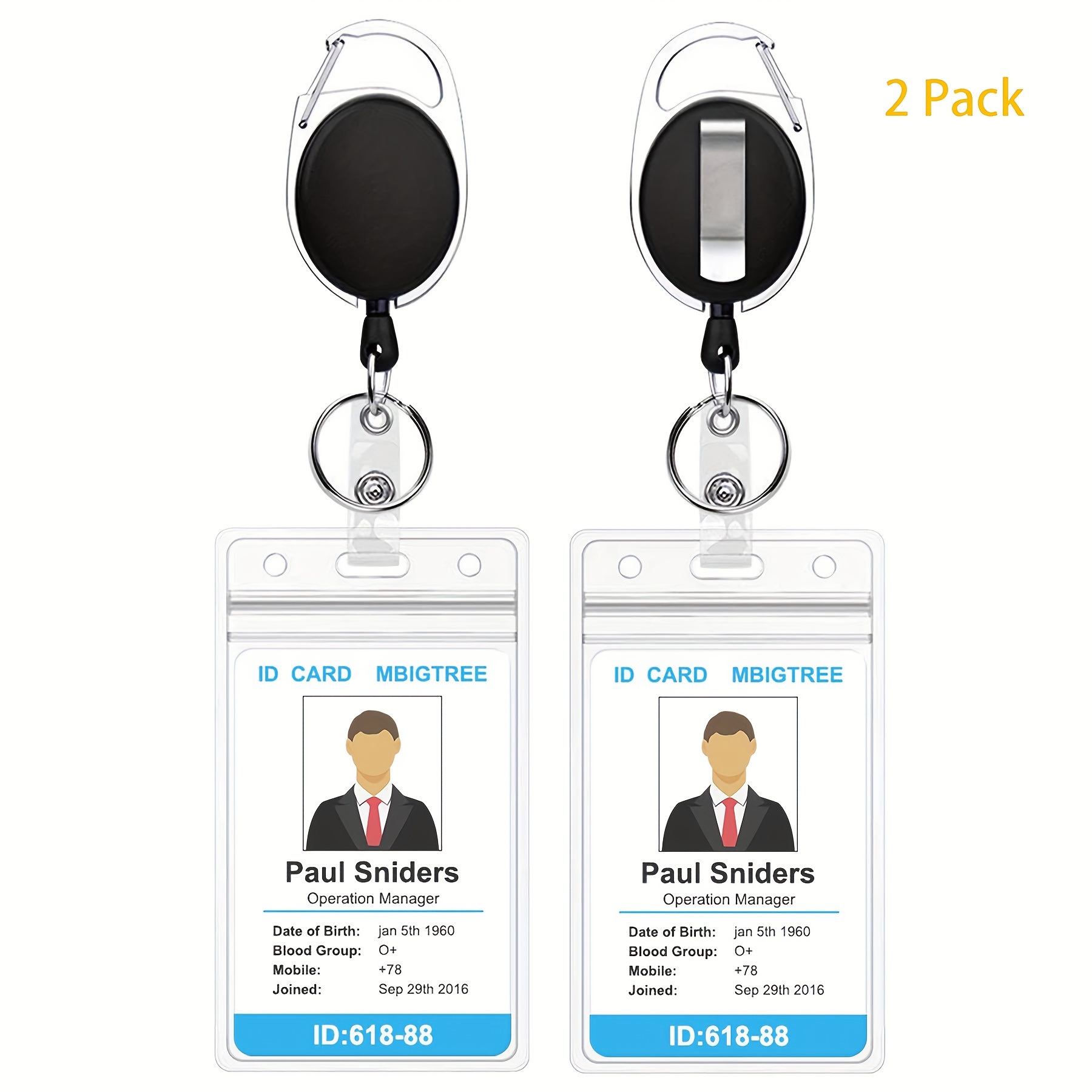 2 Pack ID Badge Holder With Clip Badge Reels Retractable Heavy Duty Clear  Id Card Holder Retractable Vertical Lanyard Id Holder With Carabiner Badge R