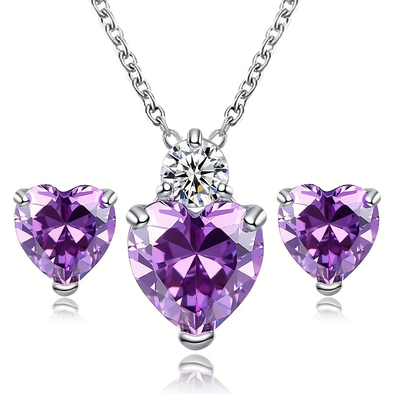 Shiny Purple Heart Zirconia Earrings Necklace Set Elegant - Temu