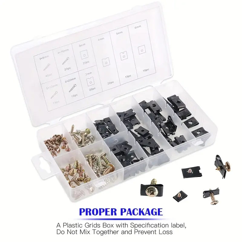 170pcs U-Clip And Screw Assortment Kit 9 Sizes For Auto Car Clips Fasteners  With Screws Set In Store Case For Bumper Dash Door Panel Interior