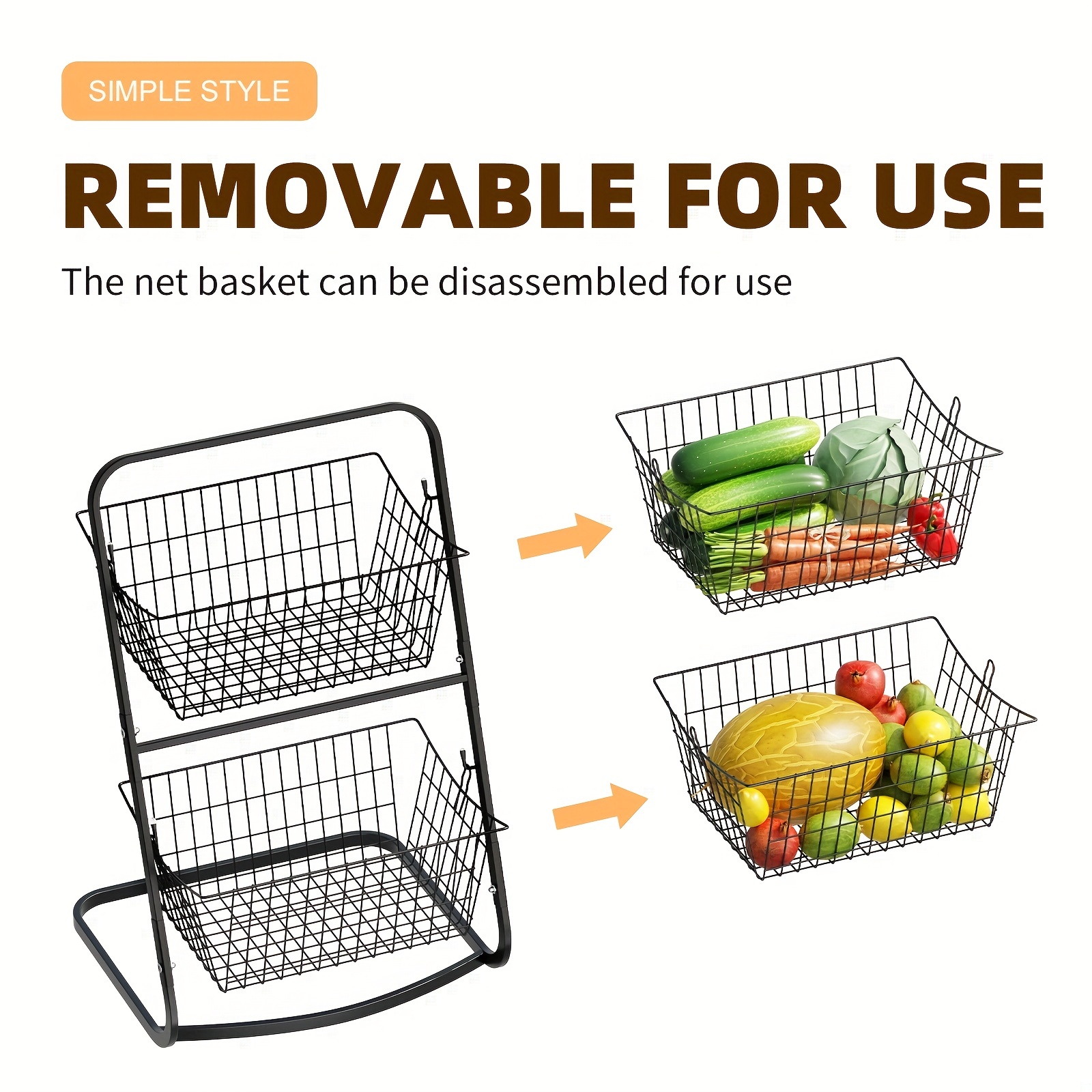  Z&L HOUSE 3 Tier Fruit Vegetable Basket for Kitchen, Extra  with 2 Metal Wire Baskets, Stackable and Practical Fruit Rack, Kitchen  Pantry Multifunctional Storage Cart for Onions and Potatoes (Black)