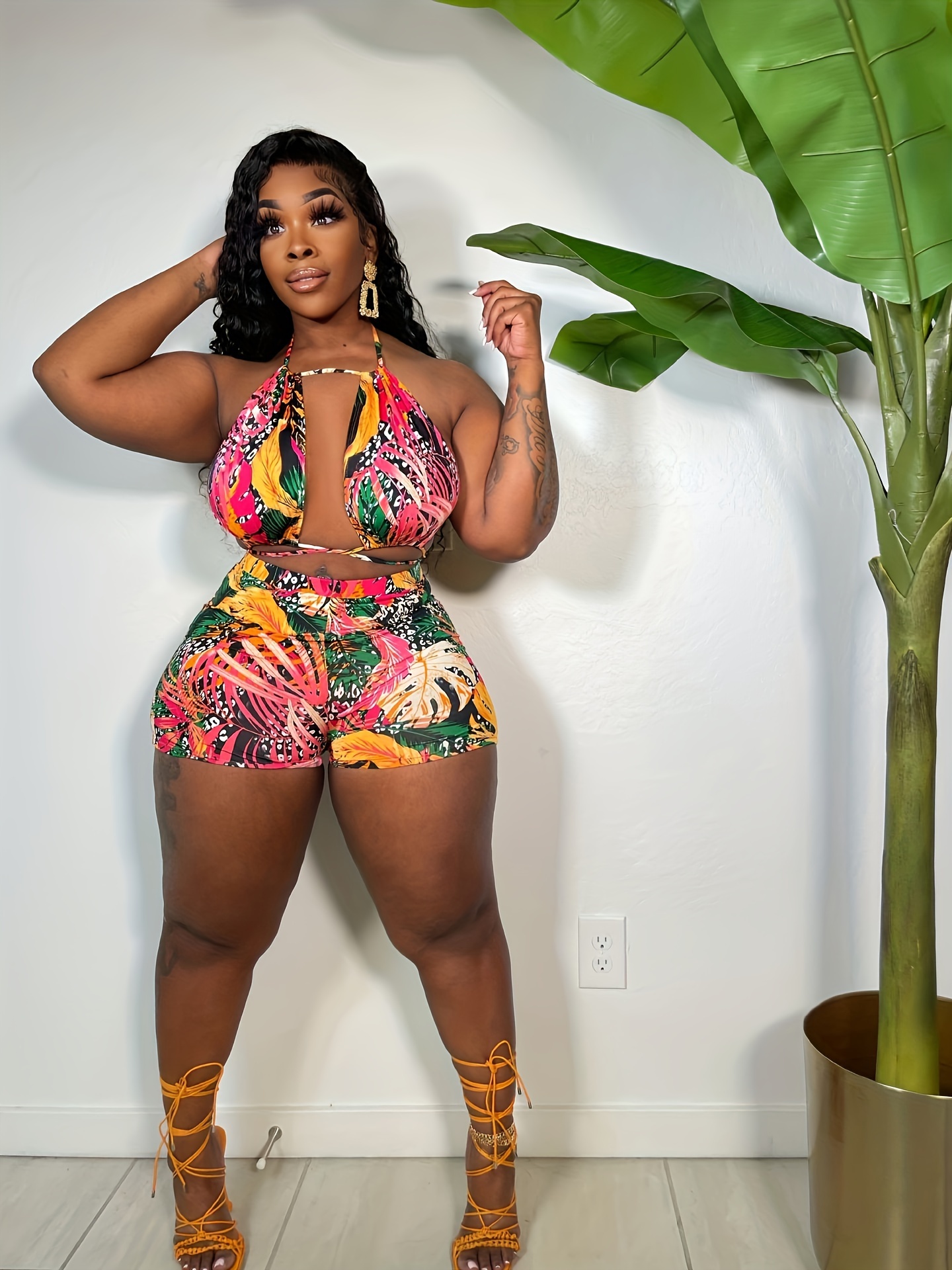 Plus Size Sexy Outfits Set Women's Plus Tropical Print - Temu