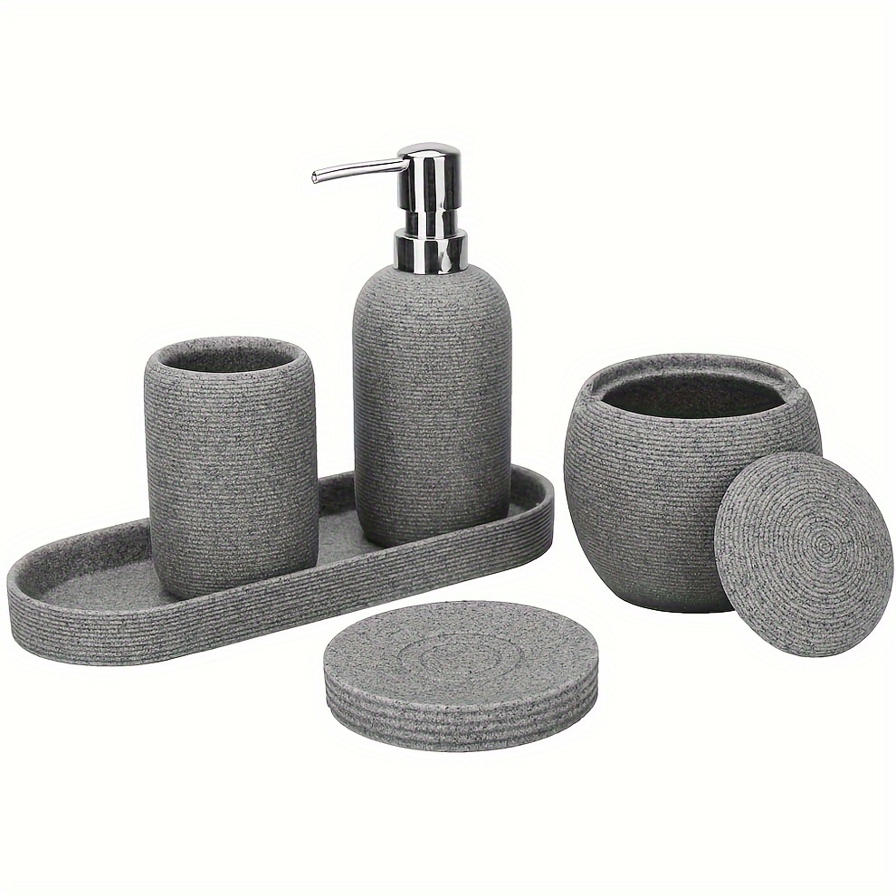 

Natural Gray Stone Bathroom 5pcs Set Including Lotion Bottle, Soap Dish, Jar, Soap Tray, And A Serving Tray, Perfect As A Christmas Gift.